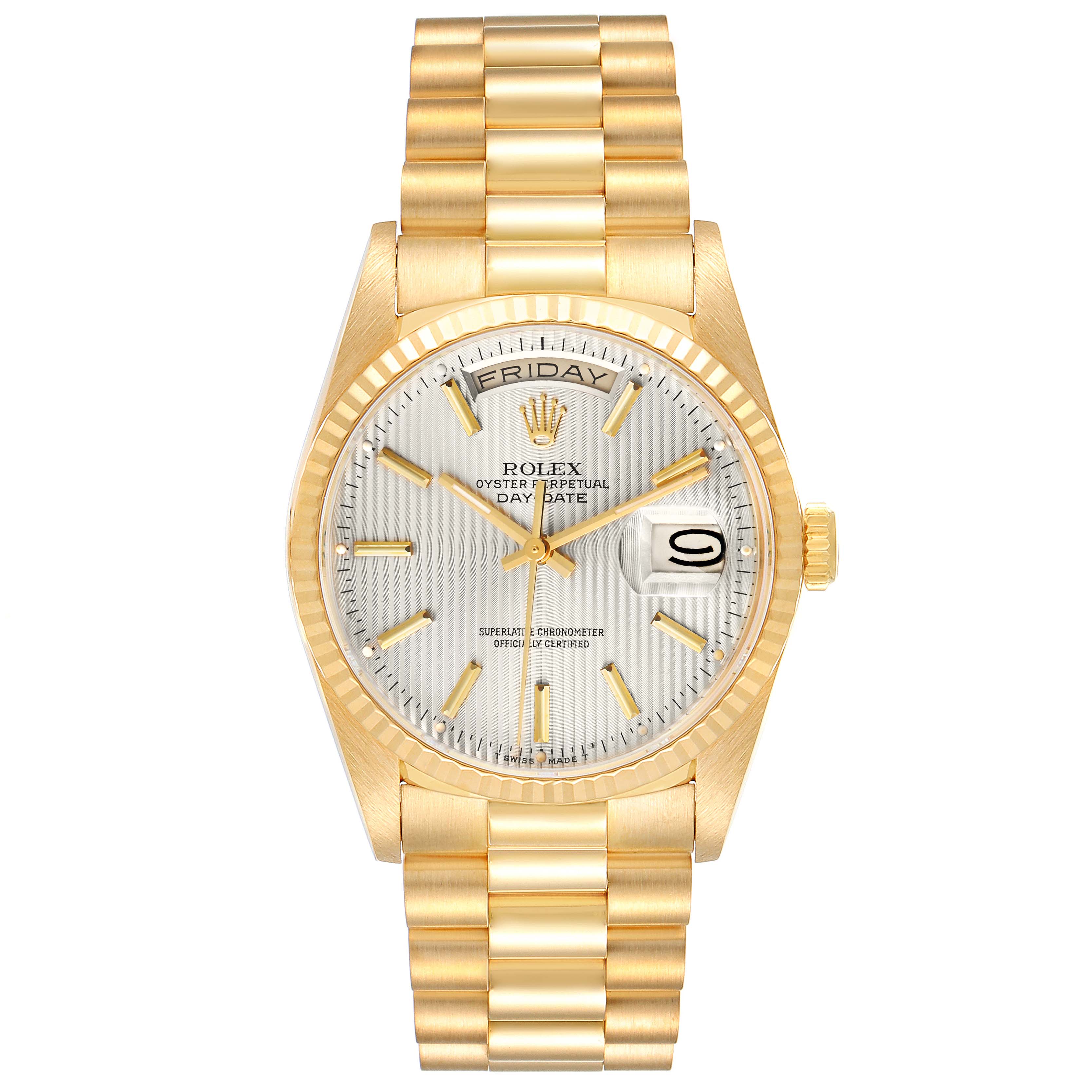 The Rolex President 18238 Men's Yellow Gold Silver Dial 18238 Men's Yellow Gold Silver Dial model watch is shown from a front angle, displaying the face, bezel, and bracelet.