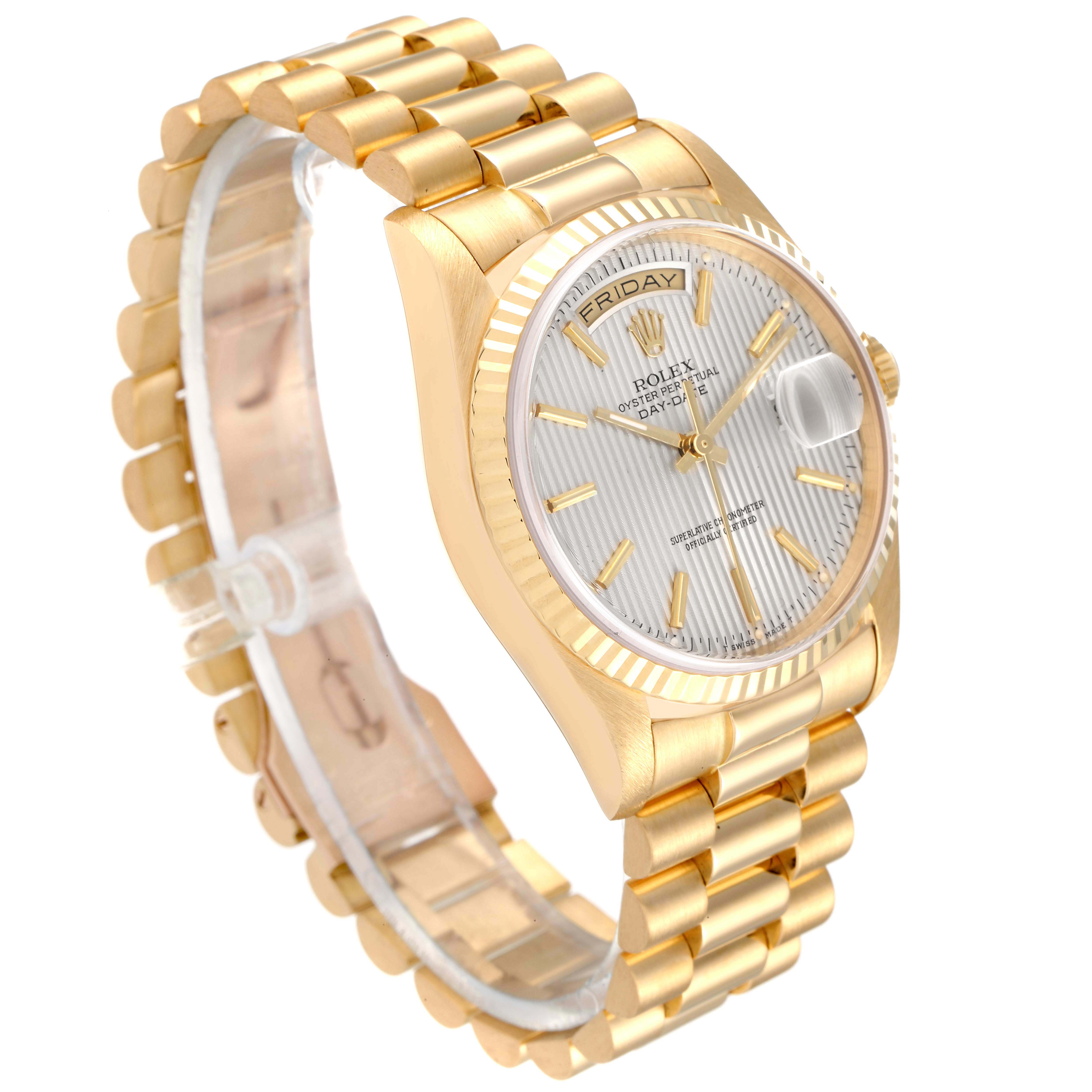 The Rolex President 18238 Men's Yellow Gold Silver Dial 18238 Men's Yellow Gold Silver Dial model watch is shown at an angled side view, featuring its gold bracelet, fluted bezel, and dial.