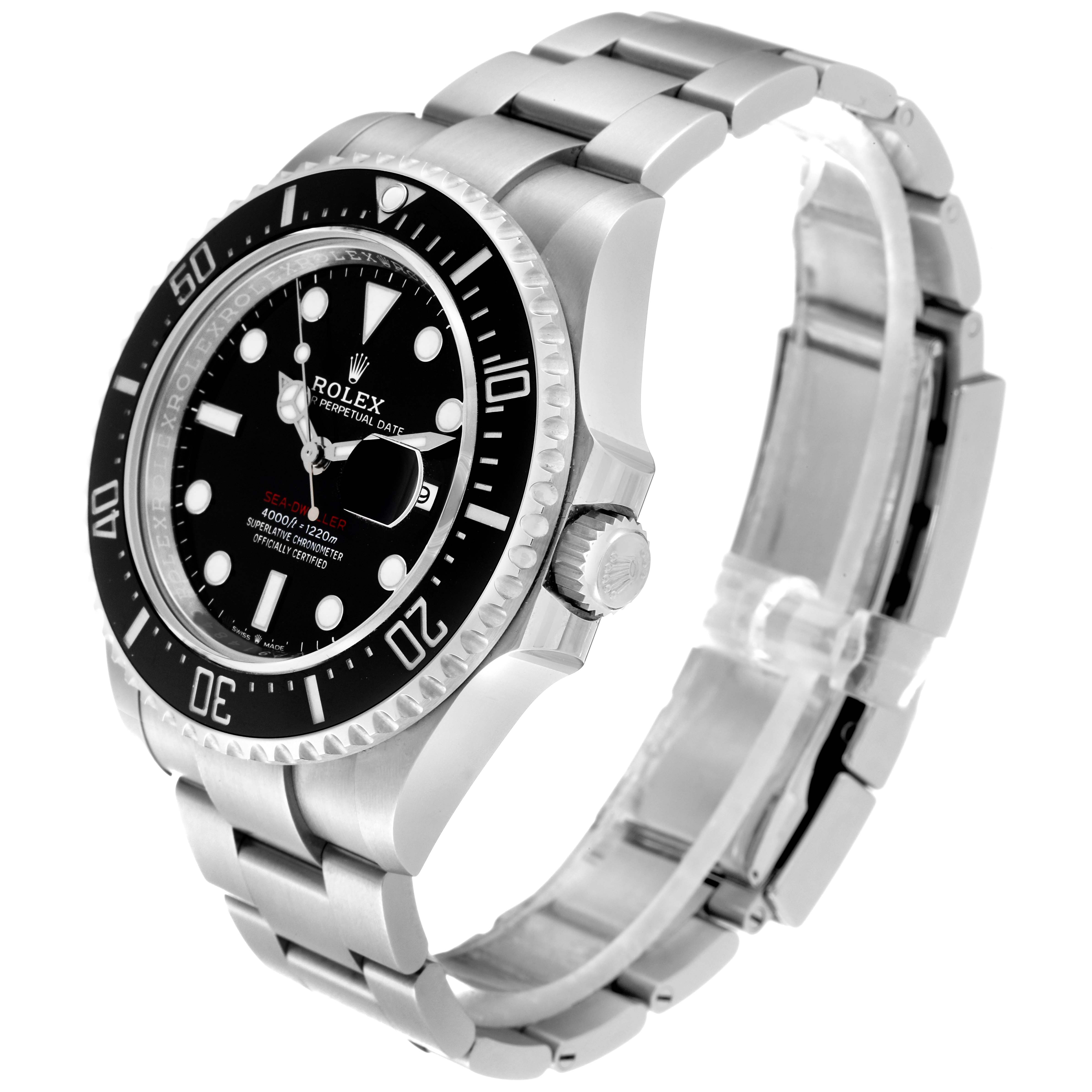 This is a front-right angled view of a Rolex Sea-Dweller 126600 Men
s Stainless Steel Black Dial 126600 Men
s Stainless Steel Black Dial watch, showing the face, bezel, crown, and bracelet.