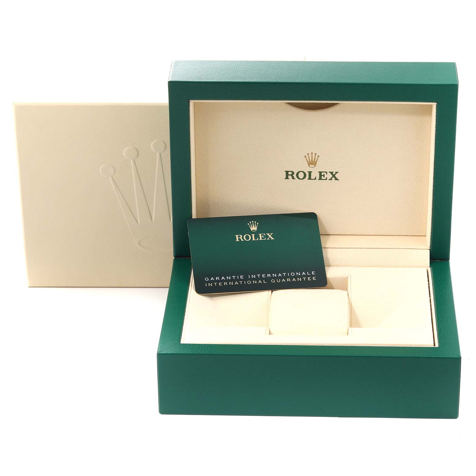 This image shows an open green Rolex Sea-Dweller 126600 Men
s Stainless Steel Black Dial 126600 Men
s Stainless Steel Black Dial watch box with an international guarantee card placed inside.