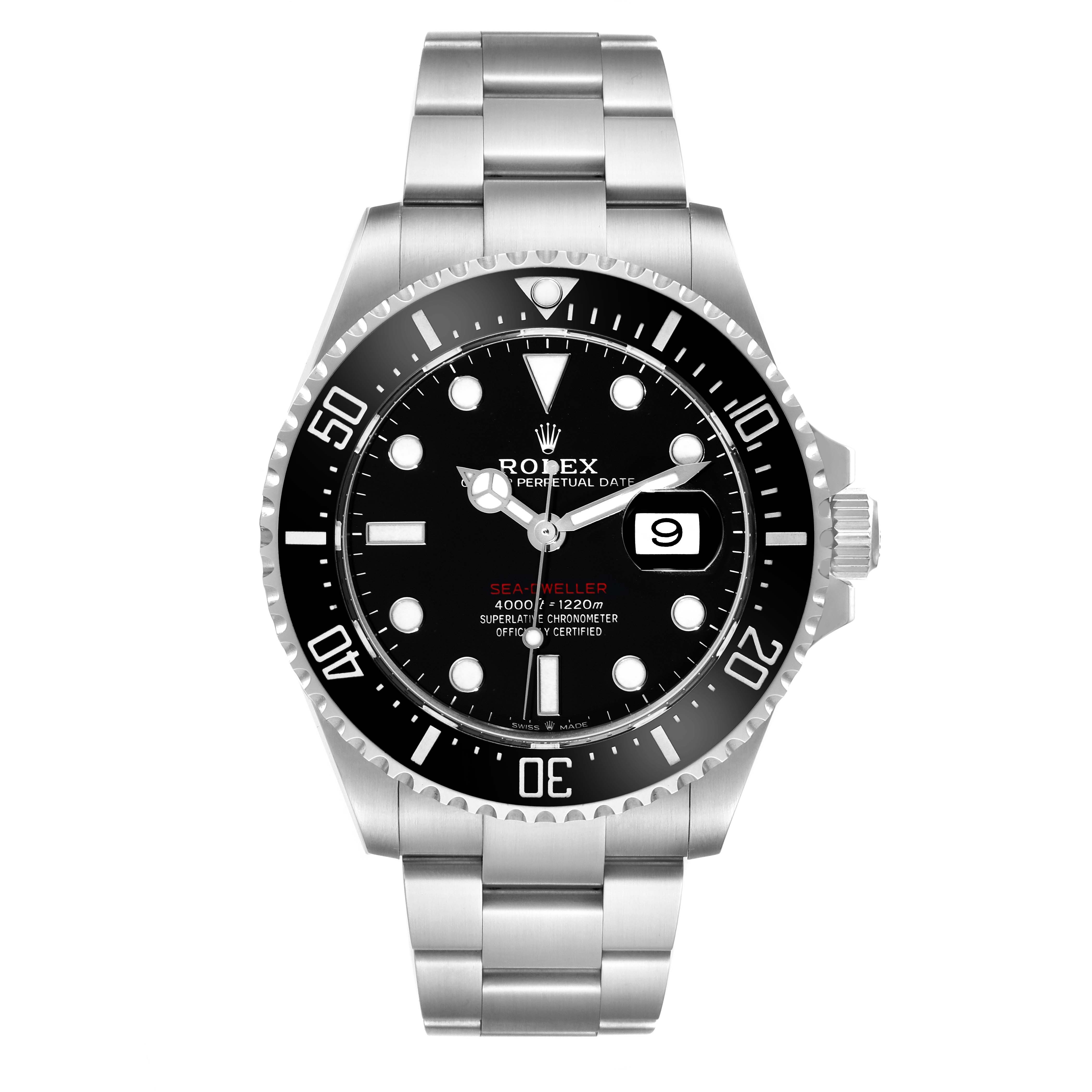 This image shows a front view of the Rolex Sea-Dweller 126600 Men
s Stainless Steel Black Dial 126600 Men
s Stainless Steel Black Dial watch, displaying its dial, bezel, and bracelet.