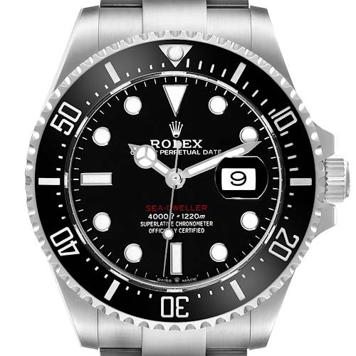 The image shows a front view of the Rolex Sea-Dweller, highlighting the dial, bezel, hands, date, and part of the bracelet.