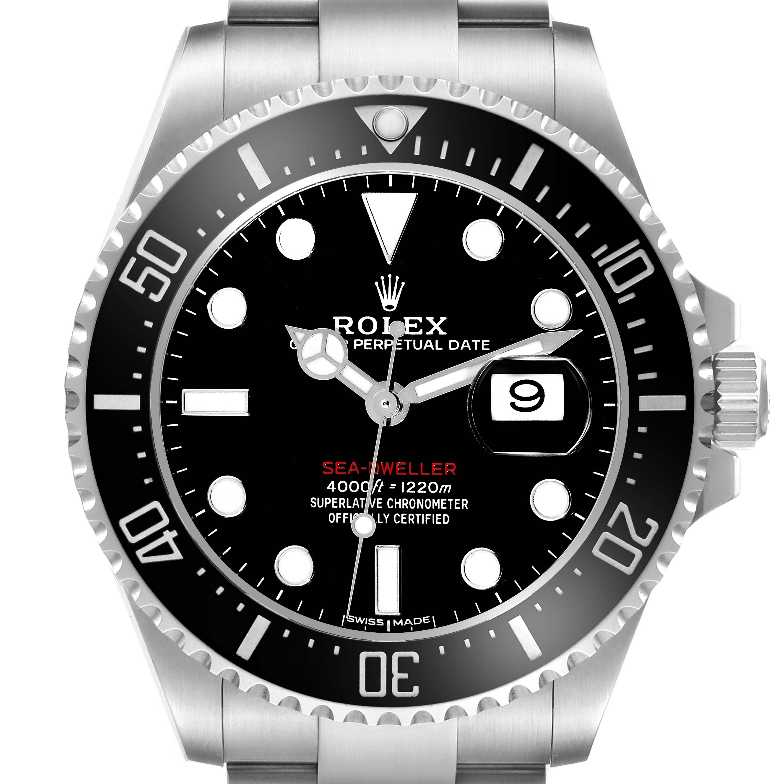 The image shows a front view of the Rolex Sea-Dweller 126600 Men
s Stainless Steel Black Dial 126600 Men
s Stainless Steel Black Dial watch, displaying the dial, bezel, and part of the bracelet.