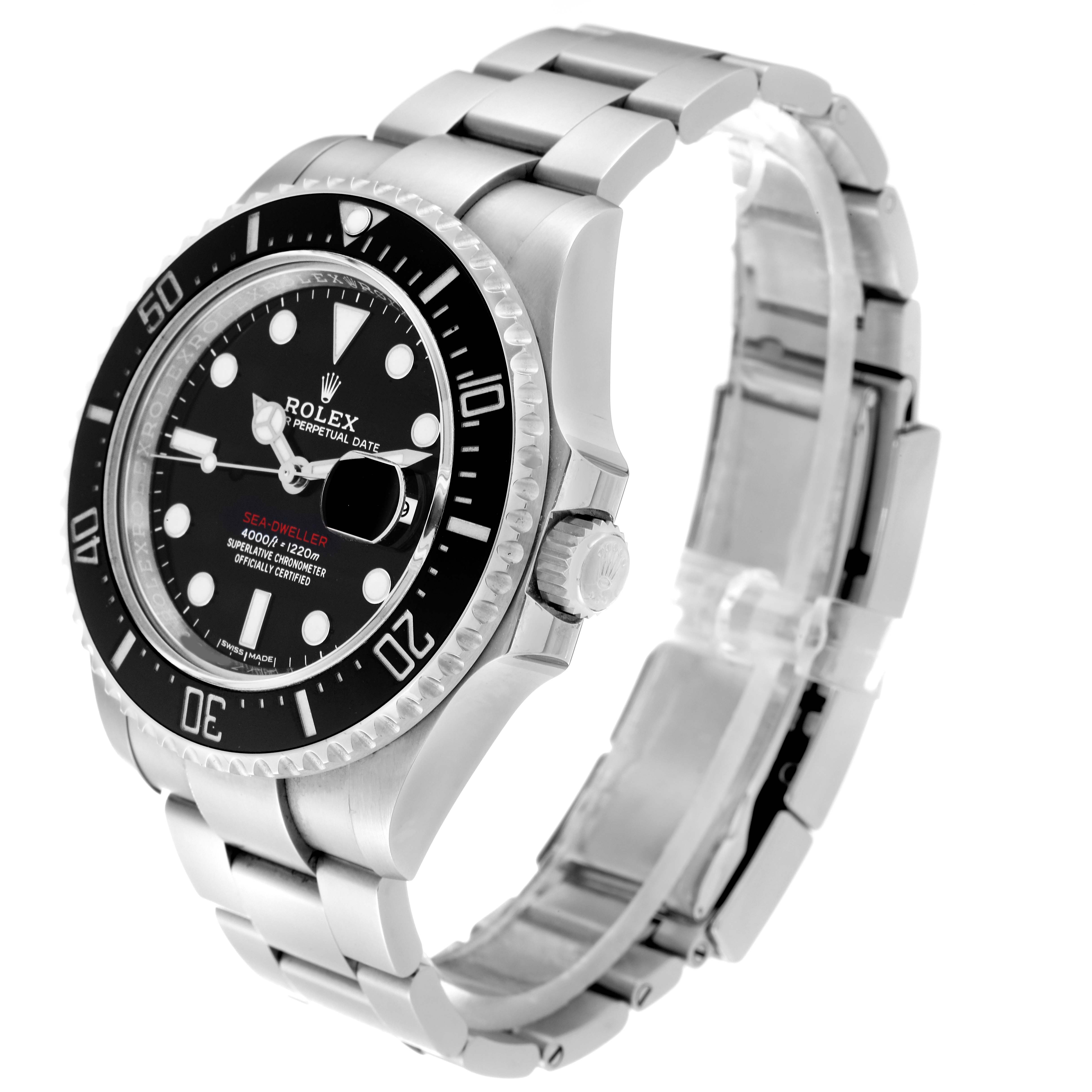 The Rolex Sea-Dweller 126600 Men
s Stainless Steel Black Dial 126600 Men
s Stainless Steel Black Dial watch is shown from a side angle, displaying the face, bezel, crown, and metal bracelet.