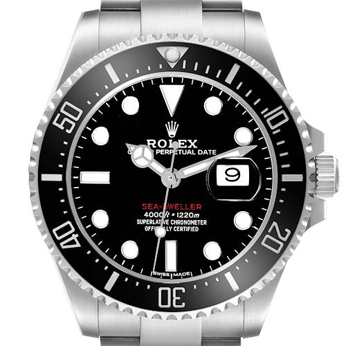 This image shows a front view of the Rolex Sea-Dweller watch, highlighting the dial, bezel, hands, and crown.