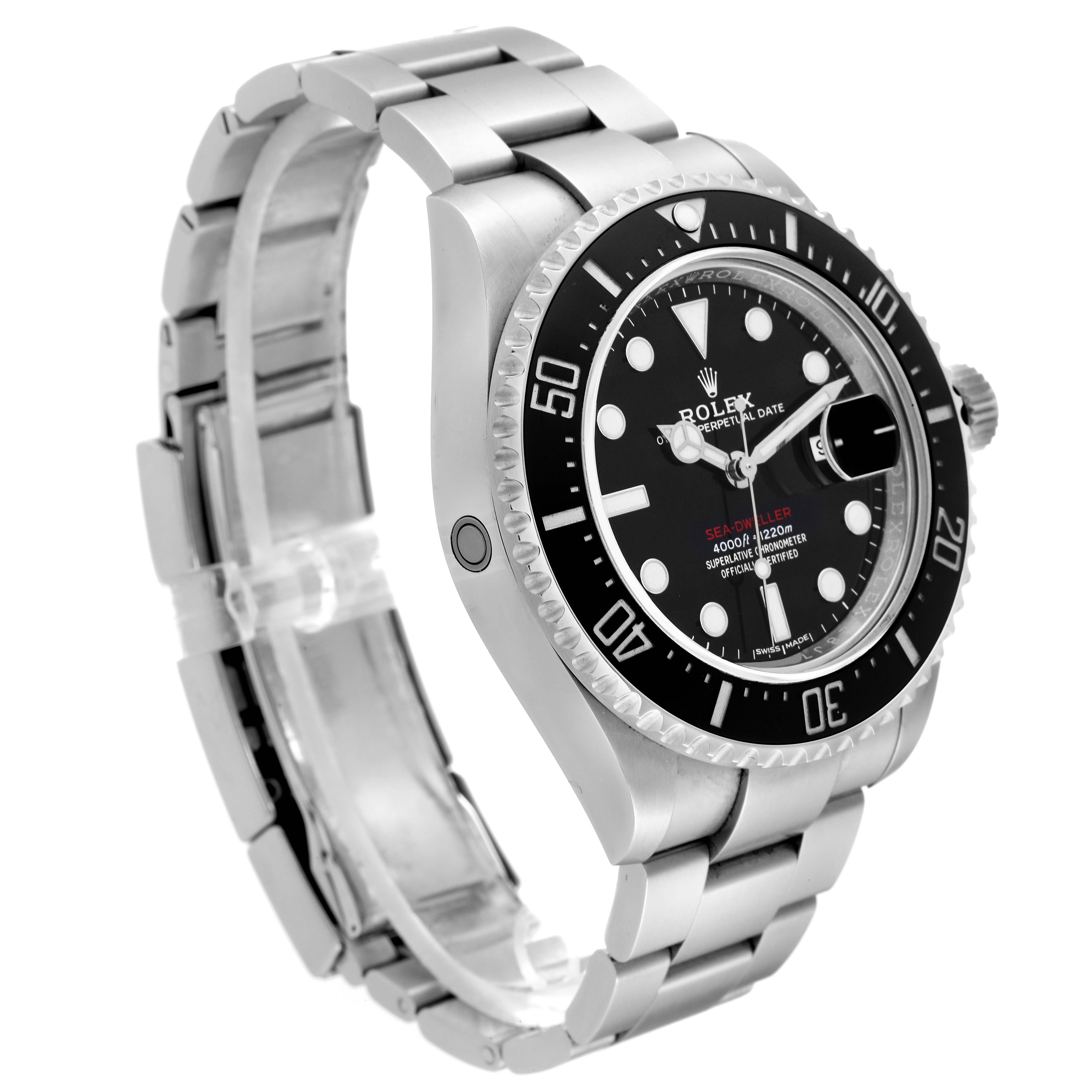 The image shows a Rolex Sea-Dweller 126600 Men
s Stainless Steel Black Dial 126600 Men
s Stainless Steel Black Dial watch angled from the side, displaying the bracelet, bezel, and face prominently.