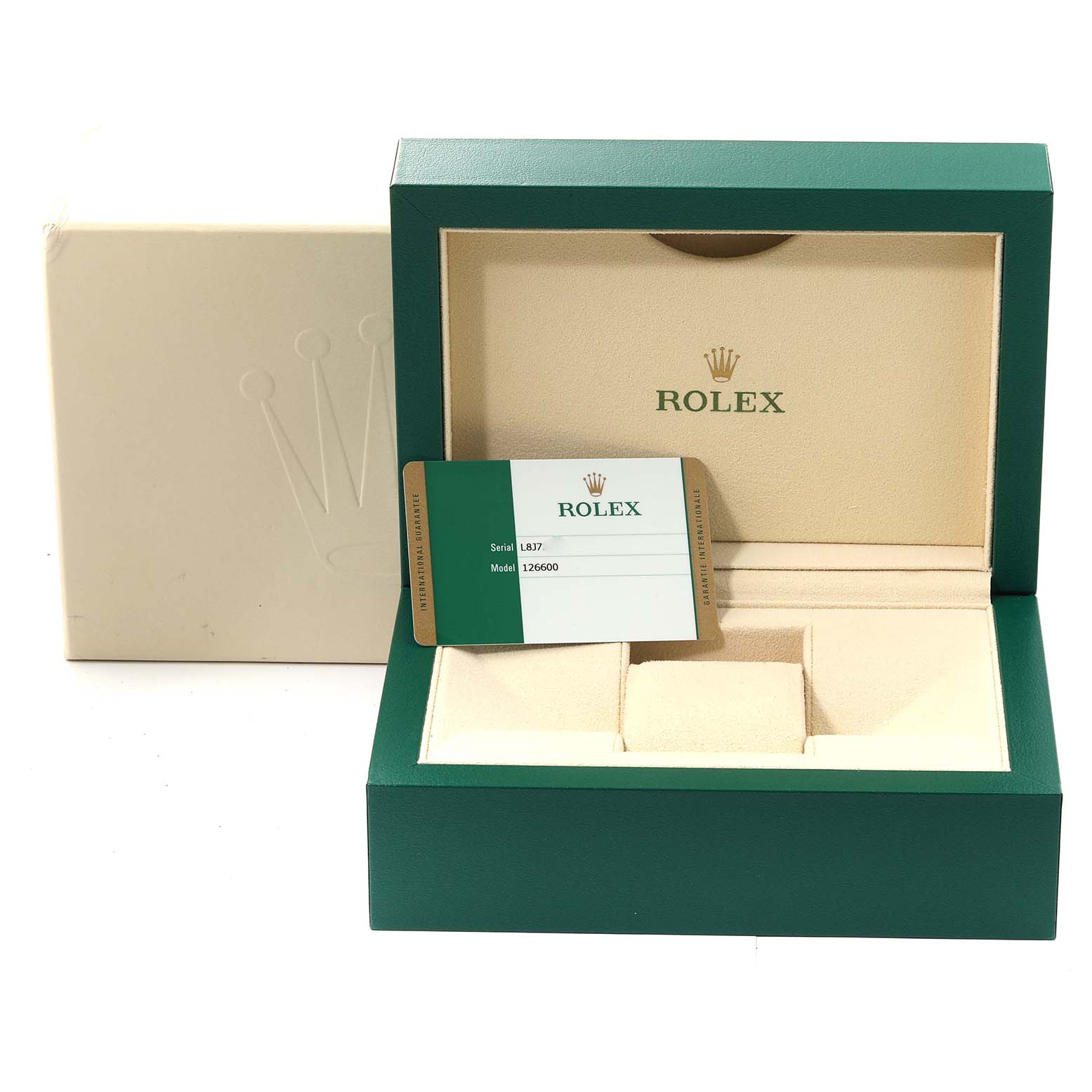 The image shows the packaging, inner box, and warranty card for the Rolex Sea-Dweller 126600 Men
s Stainless Steel Black Dial 126600 Men
s Stainless Steel Black Dial model.