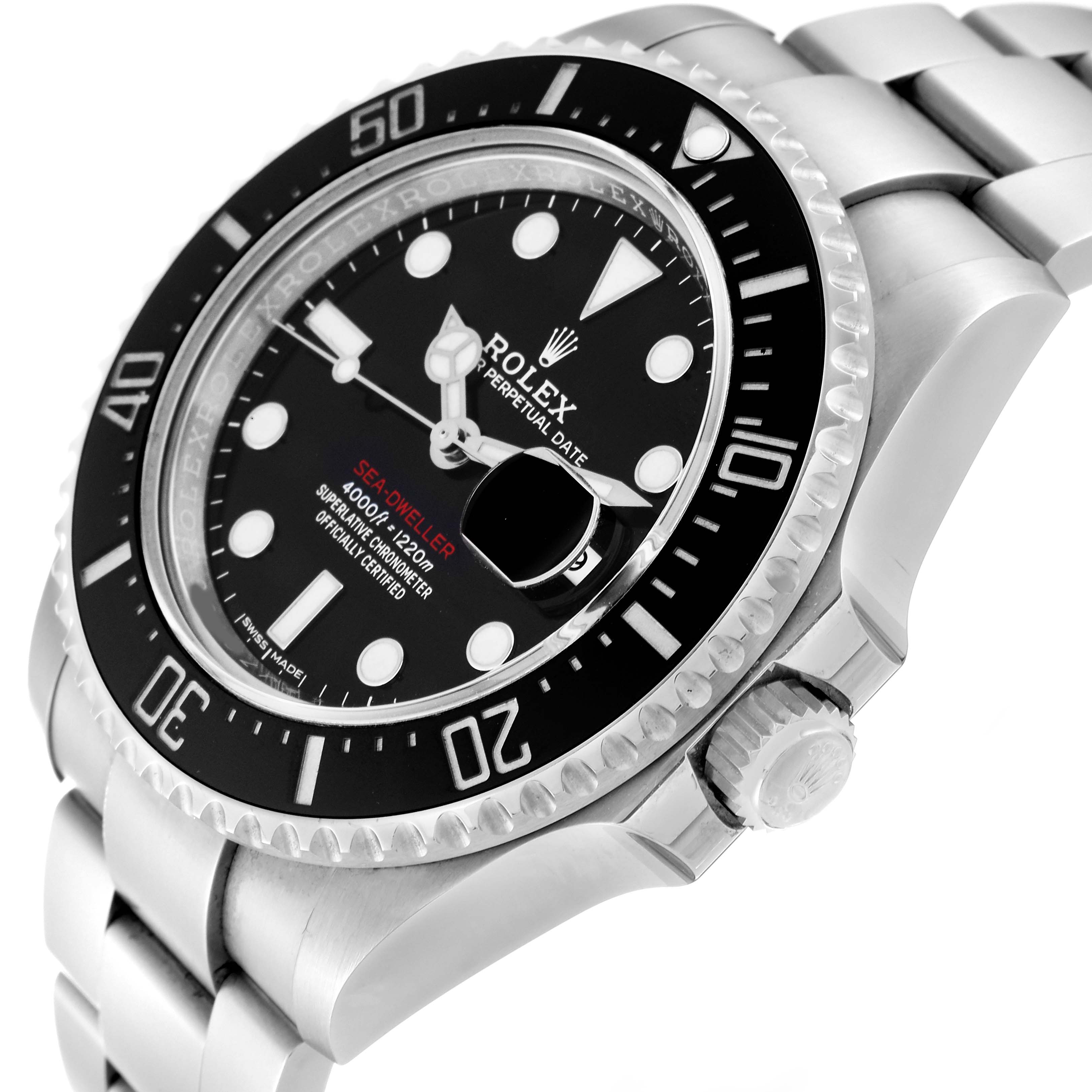 This image shows a close-up, angled view of the face, bezel, and crown of the Rolex Sea-Dweller 126600 Men
s Stainless Steel Black Dial 126600 Men
s Stainless Steel Black Dial watch.
