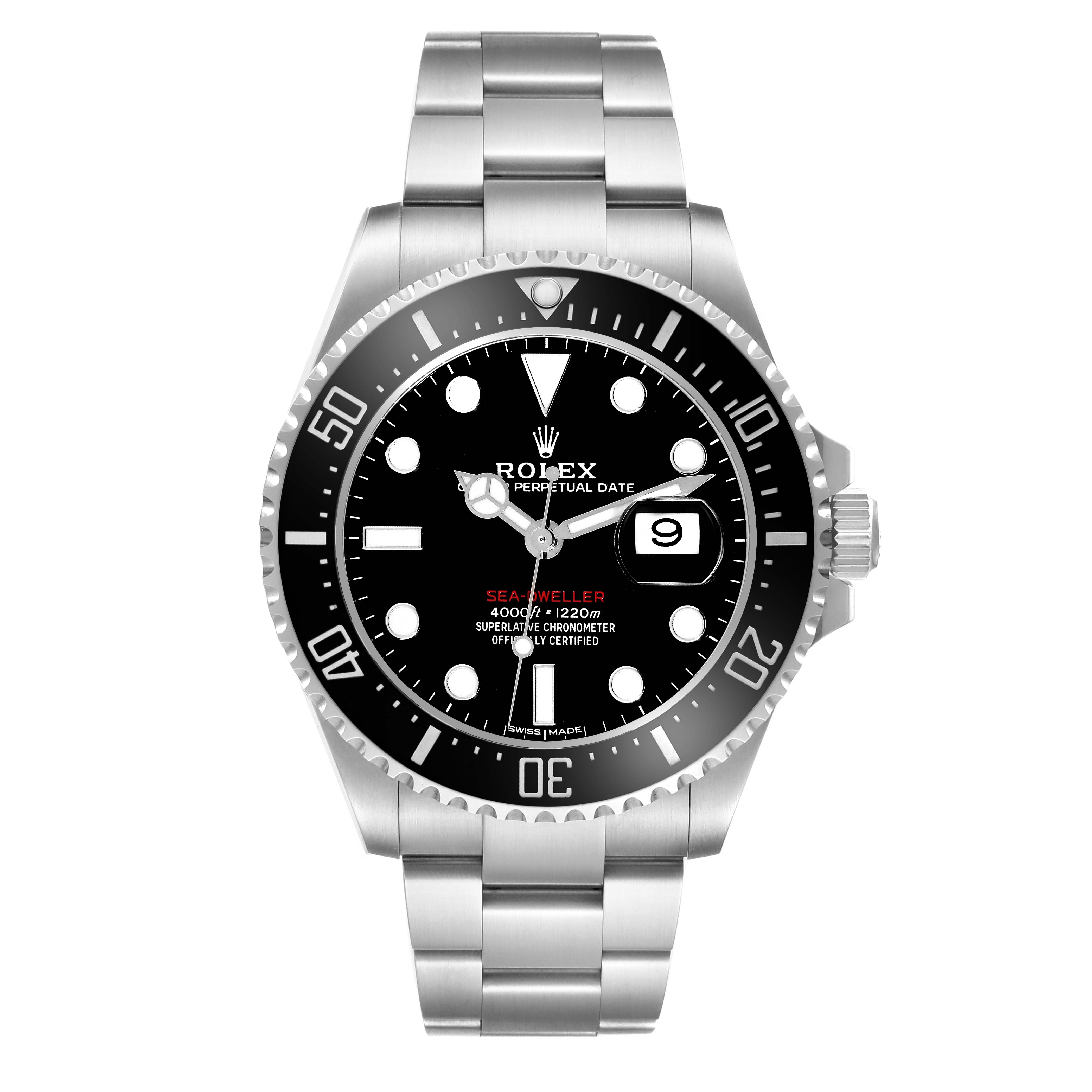This image shows the front view of a Rolex Sea-Dweller 126600 Men
s Stainless Steel Black Dial 126600 Men
s Stainless Steel Black Dial watch, displaying the dial, bezel, bracelet, and date window.