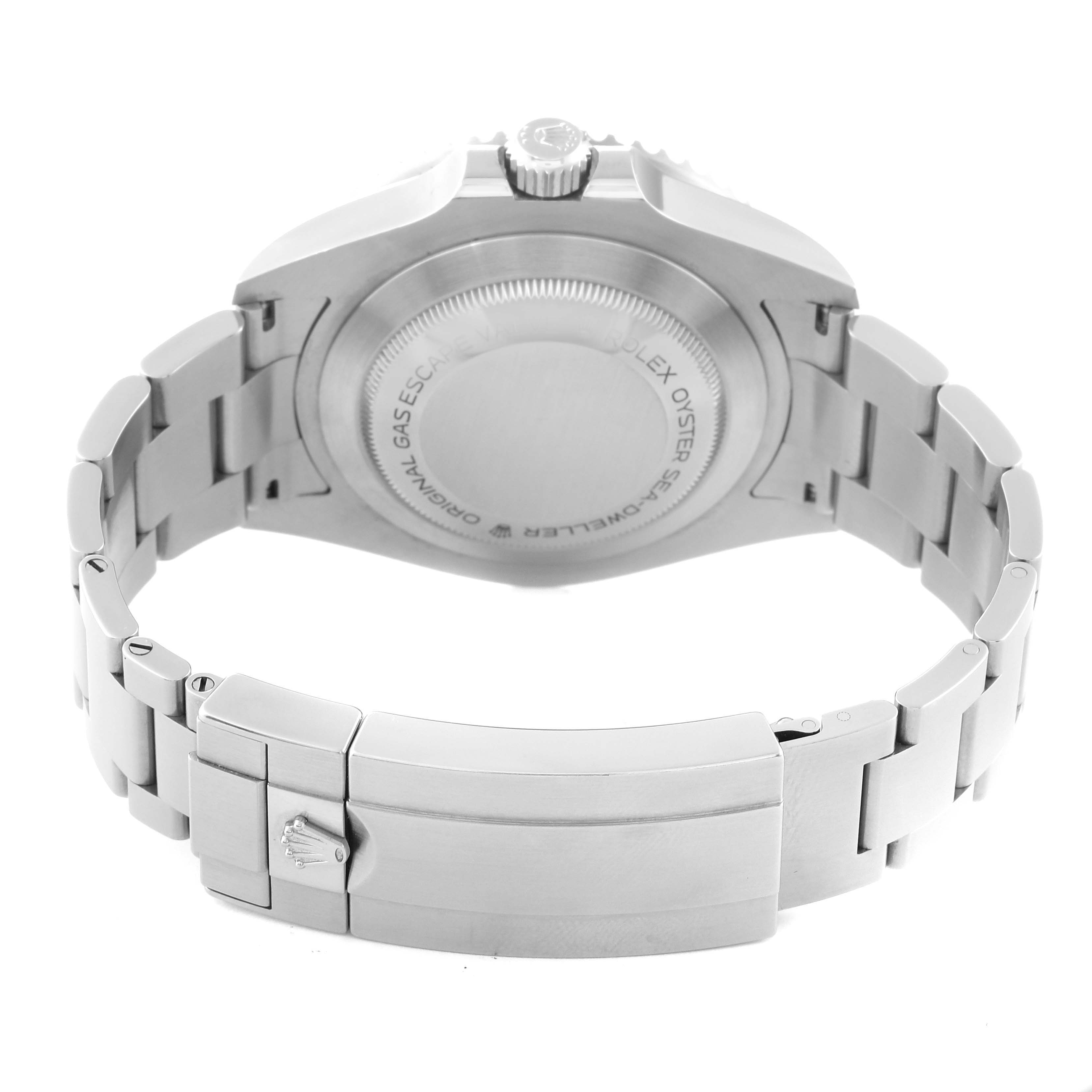 The image shows the back case and bracelet clasp of the Rolex Sea-Dweller 126600 Men
s Stainless Steel Black Dial 126600 Men
s Stainless Steel Black Dial watch from a rear angle.