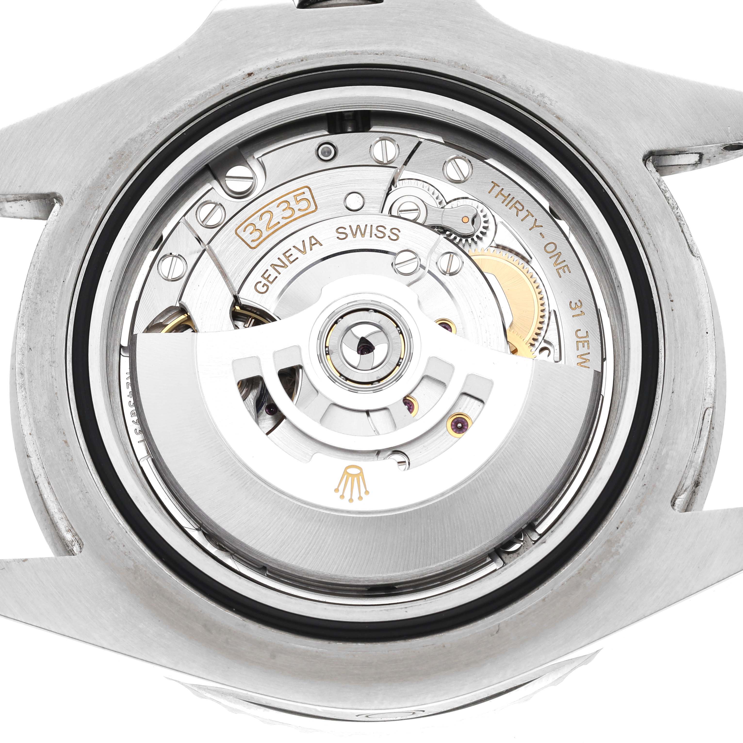 This image shows the back view of the Rolex Sea-Dweller 126600 Men
s Stainless Steel Black Dial 126600 Men
s Stainless Steel Black Dial watch, highlighting its movement and internal components.