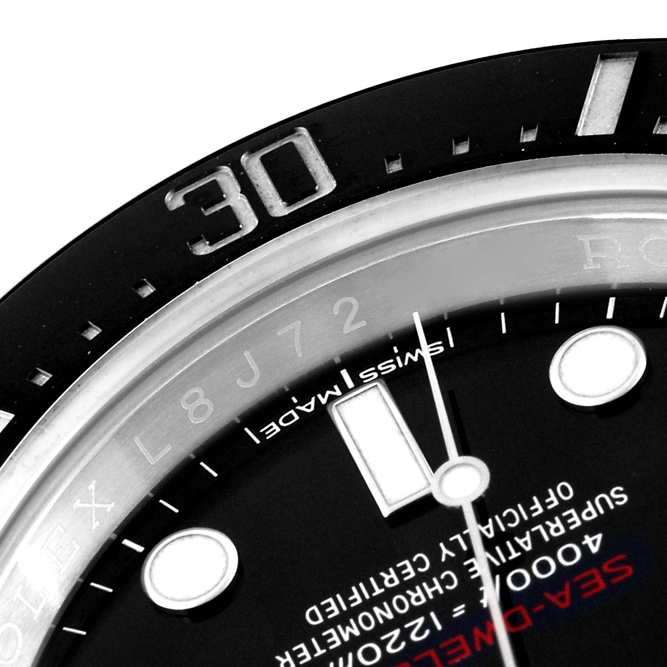 The image shows the bezel and part of the dial of a Rolex Sea-Dweller 126600 Men
s Stainless Steel Black Dial 126600 Men
s Stainless Steel Black Dial watch, emphasizing the "30" mark and text details.