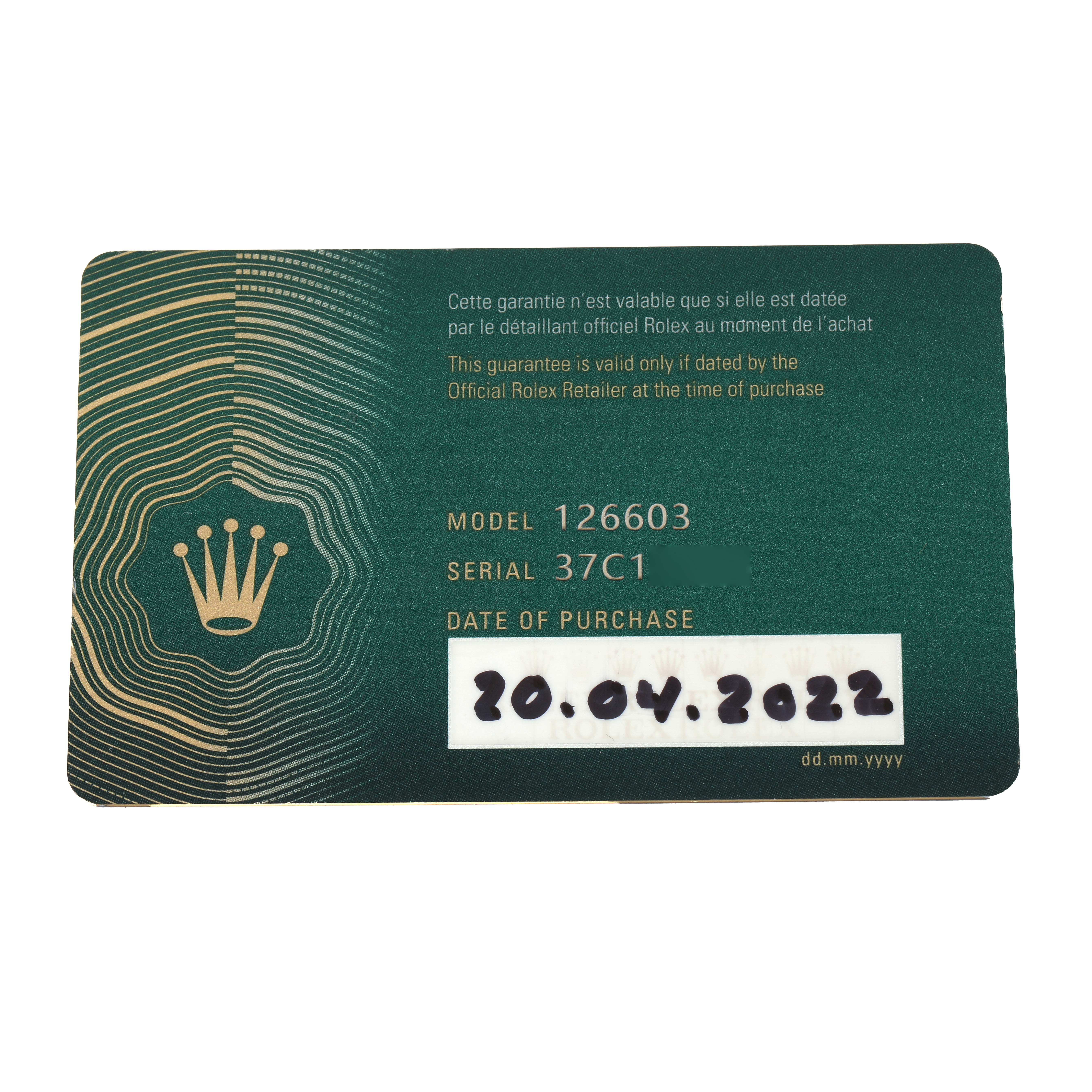 The image shows a warranty card for the Rolex Sea-Dweller 126603 Men
s Steel and Gold (two tone) Black Dial model 126603.