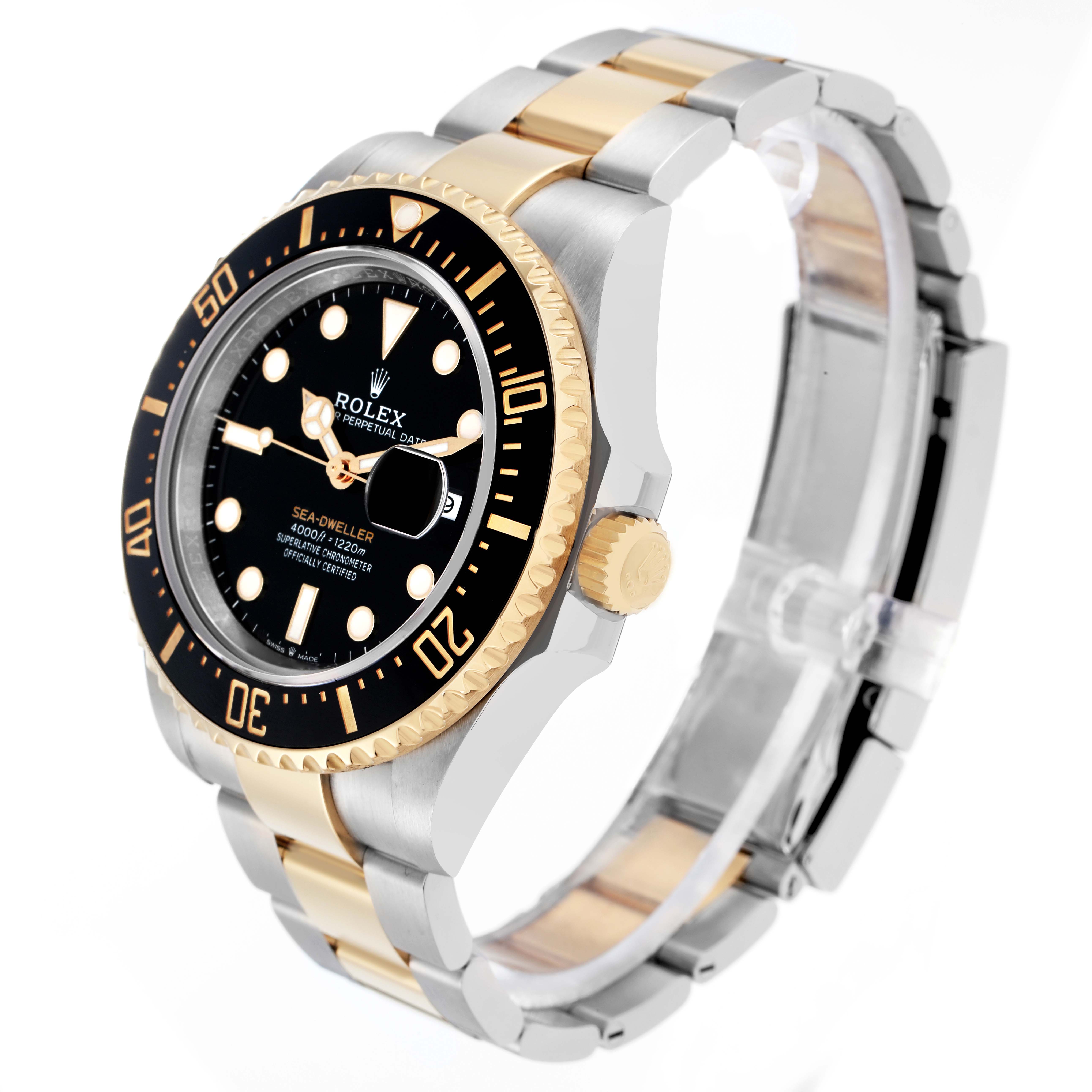 The Rolex Sea-Dweller 126603 Men
s Steel and Gold (two tone) Black Dial watch is shown at an angle highlighting the case, bezel, dial, crown, and bracelet.