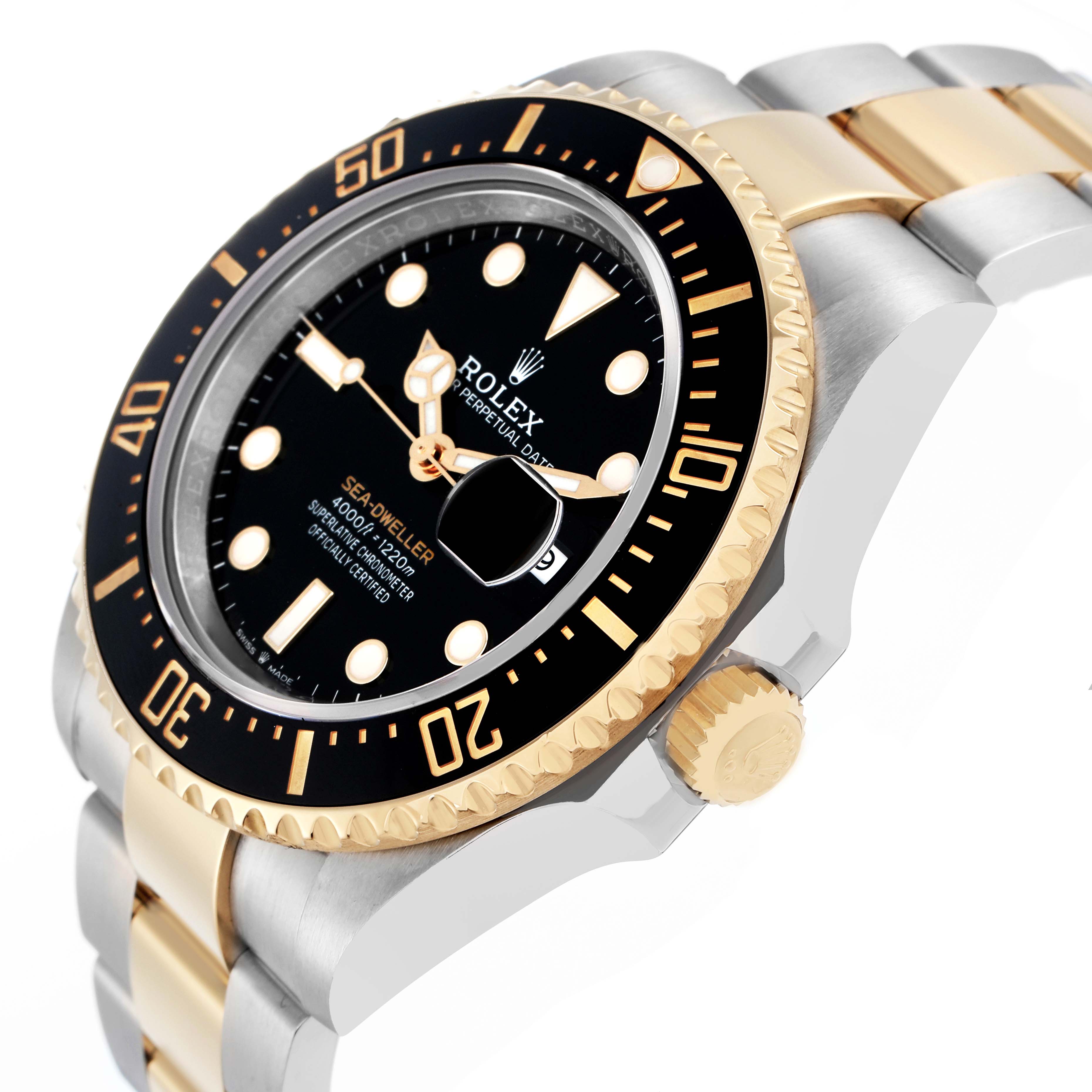 The Rolex Sea-Dweller 126603 Men
s Steel and Gold (two tone) Black Dial watch is shown at an angled side view, highlighting the bezel, dial, crown, and part of the bracelet.