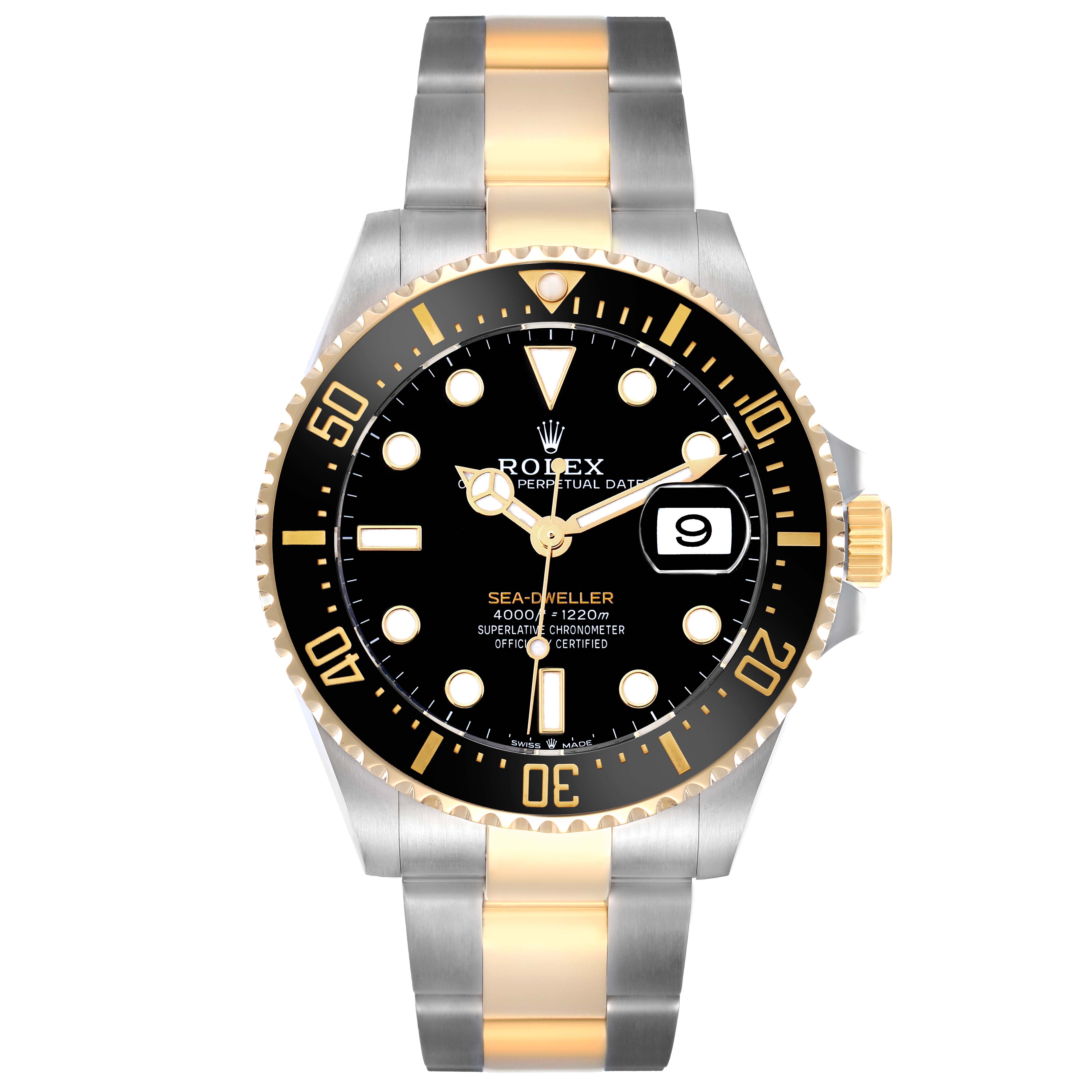 The Rolex Sea-Dweller 126603 Men
s Steel and Gold (two tone) Black Dial watch is shown from a front view, displaying its bezel, dial, hands, crown, and two-tone bracelet.