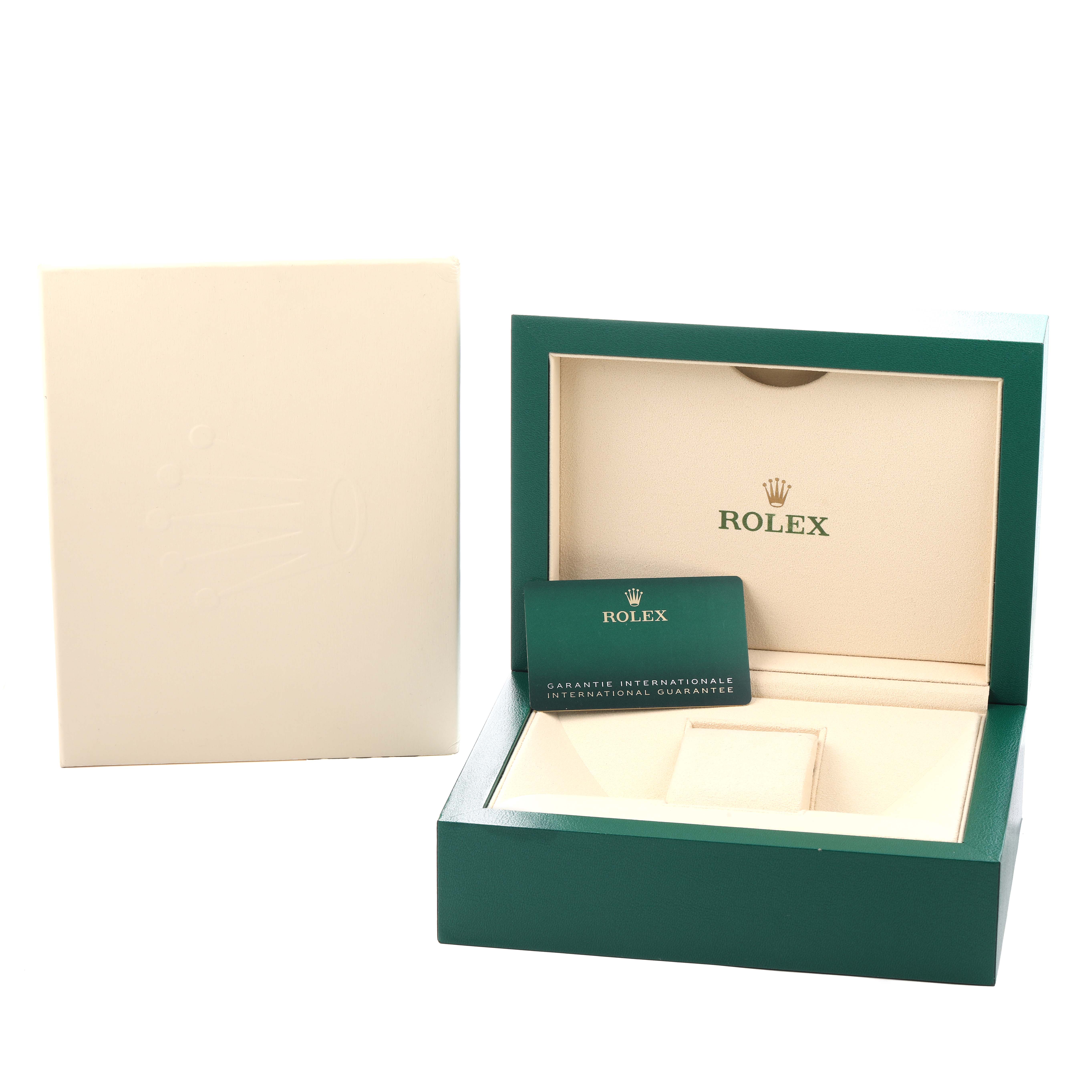 The image shows the open box and warranty card for the Rolex Sea-Dweller 126603 Men
s Steel and Gold (two tone) Black Dial, viewed from the front.
