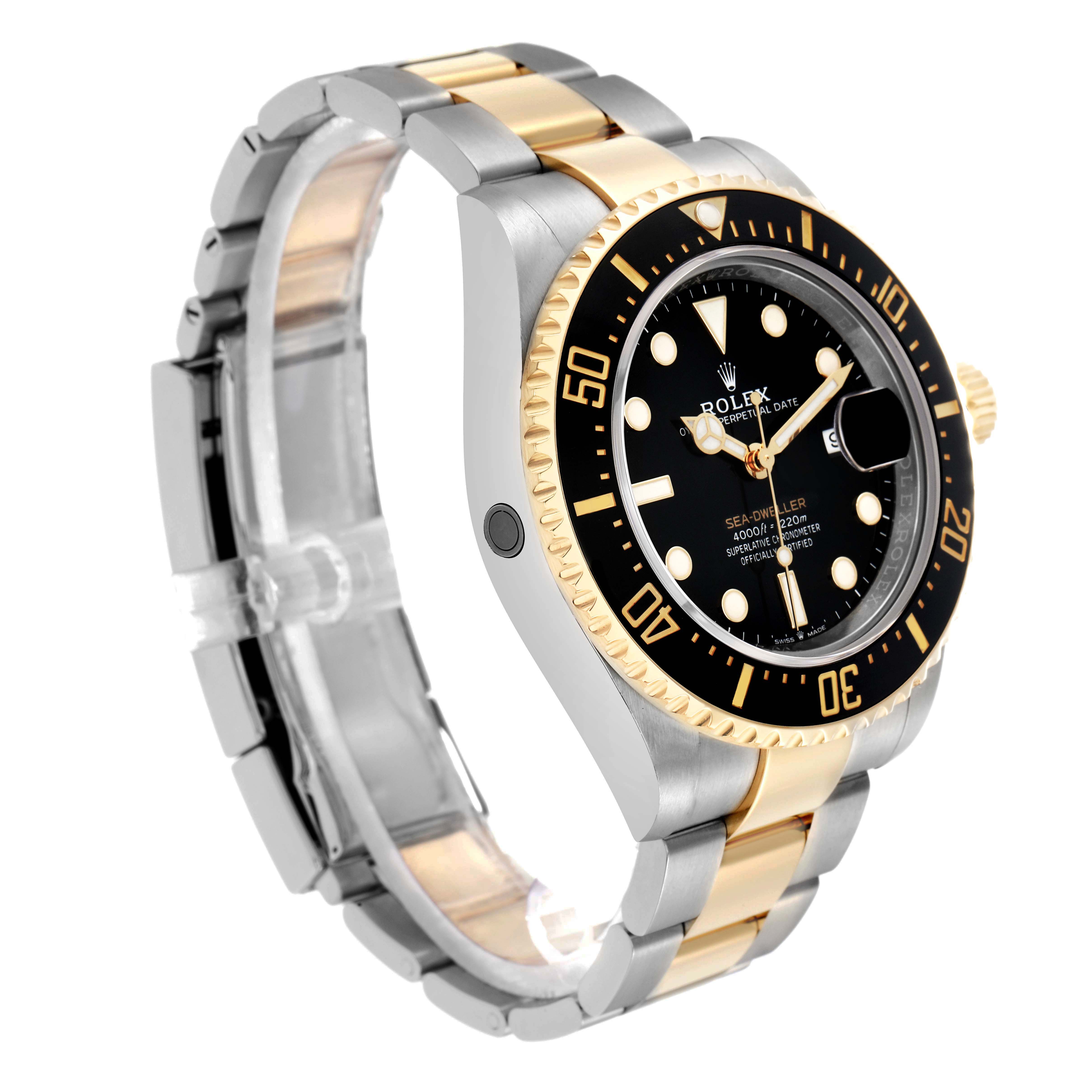 The Rolex Sea-Dweller 126603 Men
s Steel and Gold (two tone) Black Dial is shown at an angle highlighting the watch face, bezel, side, and two-tone bracelet.