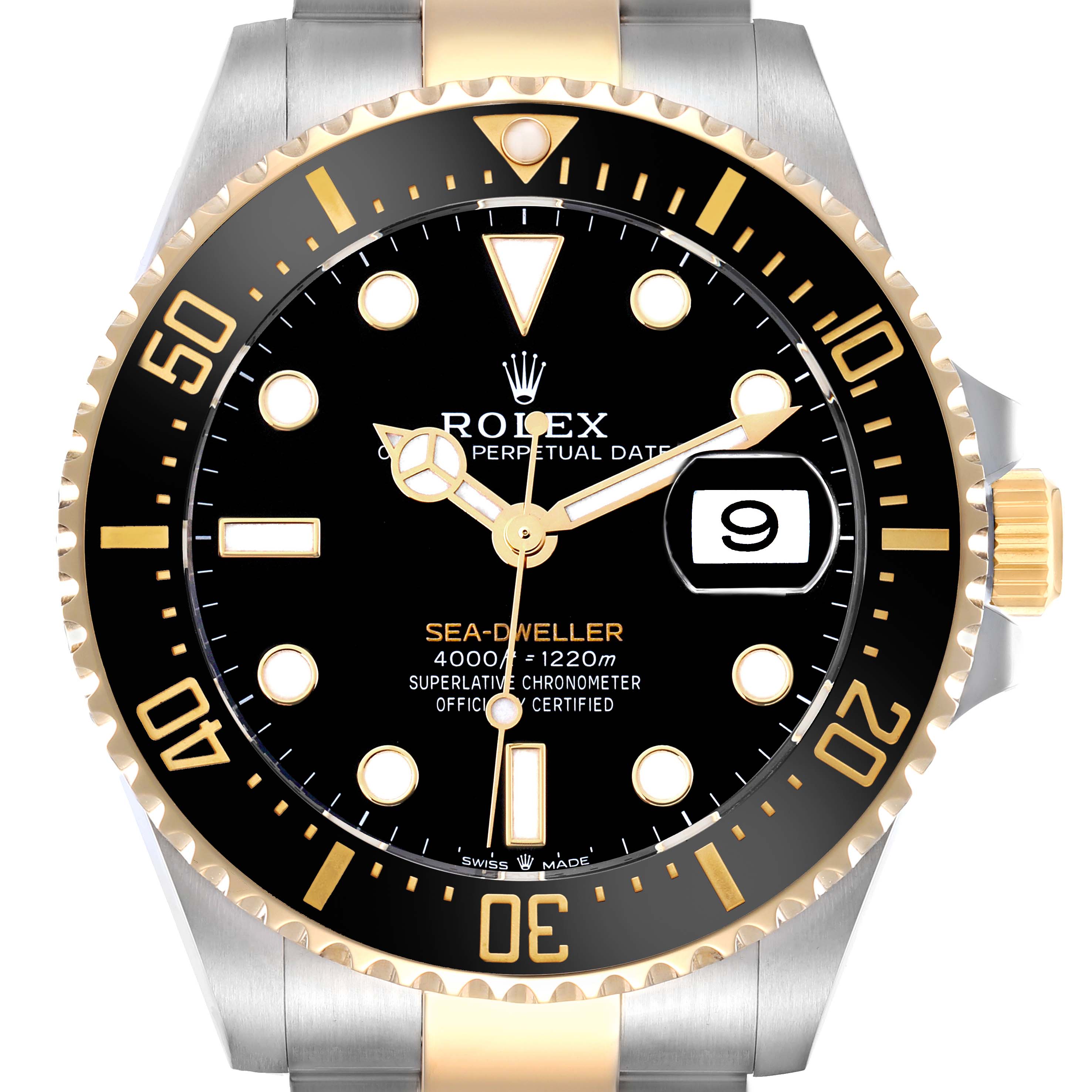 The Rolex Sea-Dweller 126603 Men
s Steel and Gold (two tone) Black Dial watch is shown from the front, highlighting its face, bezel, and crown details.
