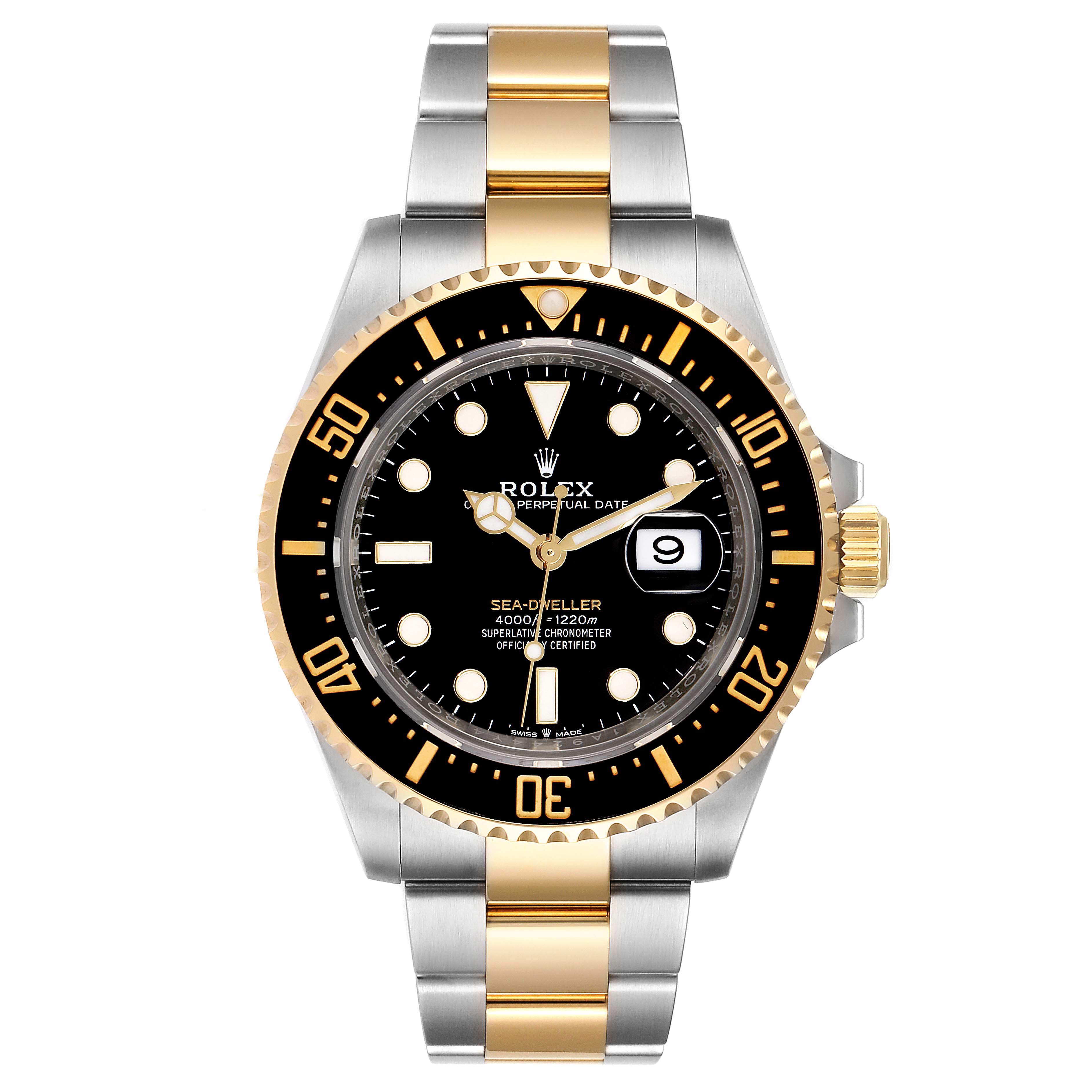 The image shows a frontal view of the Rolex Sea-Dweller 126603 Men's Steel and Gold (two tone) Black Dial 126603 Men's Steel and Gold (two tone) Black Dial watch with a gold and silver bracelet.