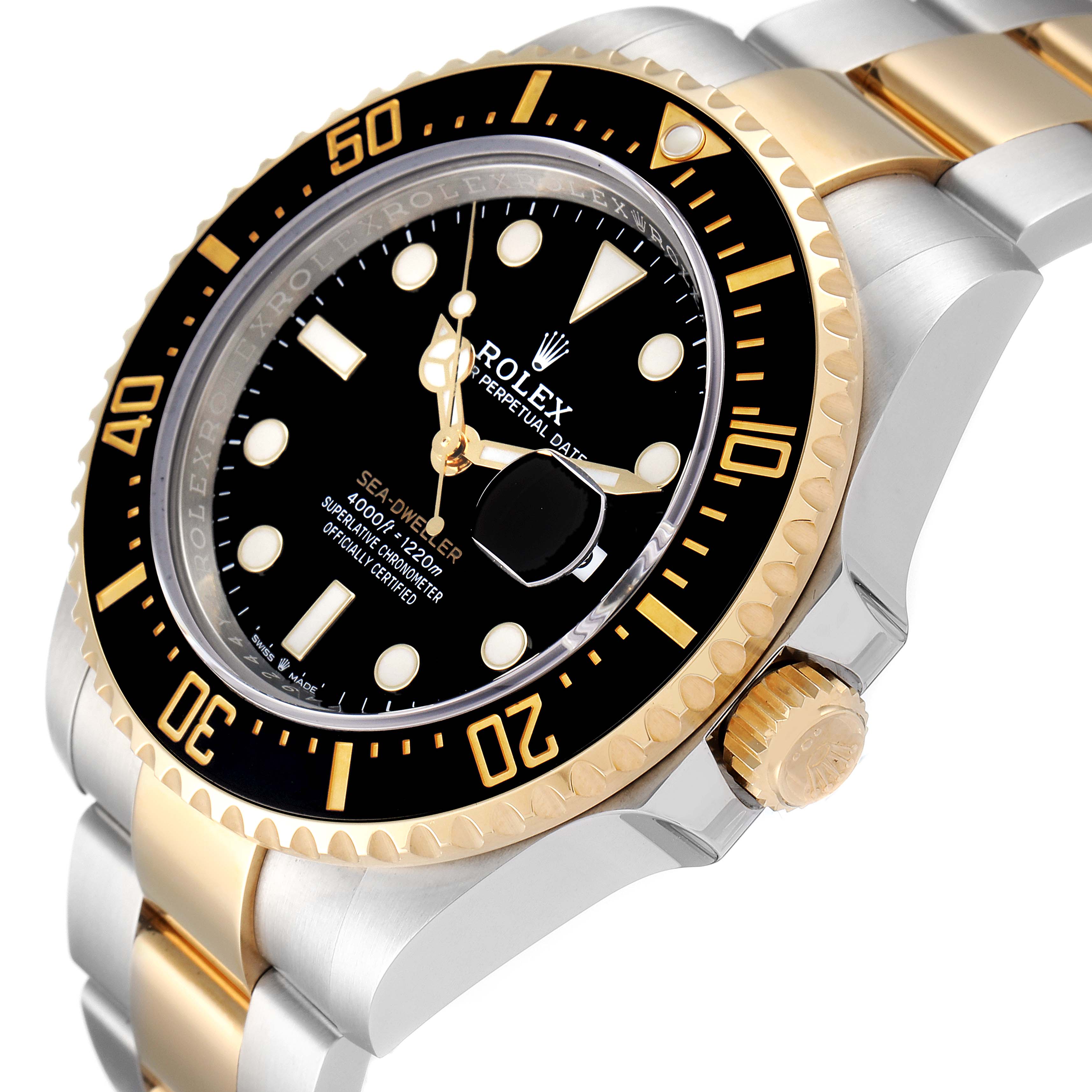 This image shows a side angle of the Rolex Sea-Dweller 126603 Men's Steel and Gold (two tone) Black Dial 126603 Men's Steel and Gold (two tone) Black Dial watch, highlighting its bezel, crown, and part of the bracelet.