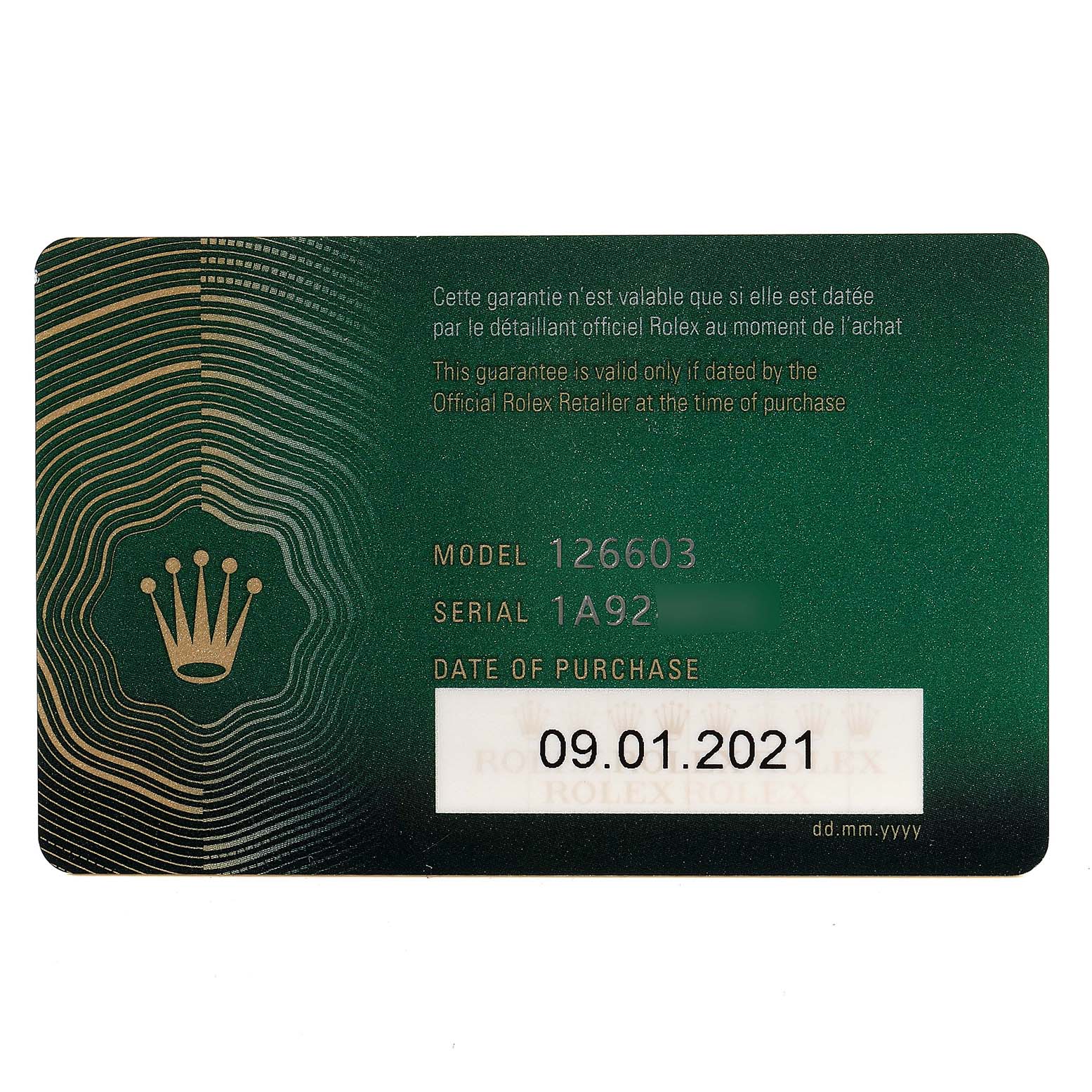 This image shows a warranty card for a Rolex Sea-Dweller 126603 Men's Steel and Gold (two tone) Black Dial 126603 Men's Steel and Gold (two tone) Black Dial model 126603, including serial number and date of purchase.