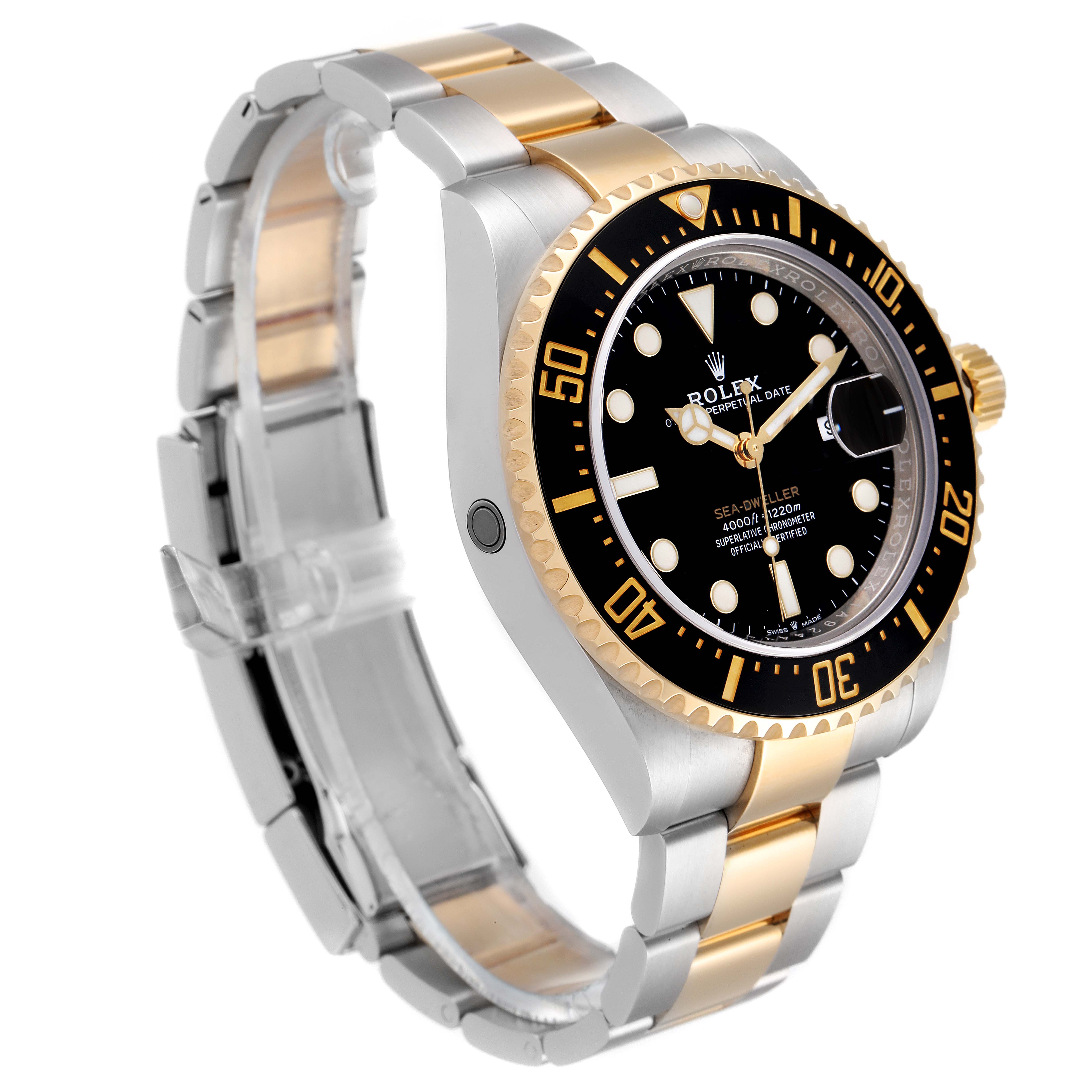 The Rolex Sea-Dweller 126603 Men's Steel and Gold (two tone) Black Dial 126603 Men's Steel and Gold (two tone) Black Dial watch is shown at a three-quarter angle highlighting the face, bezel, and two-tone bracelet.