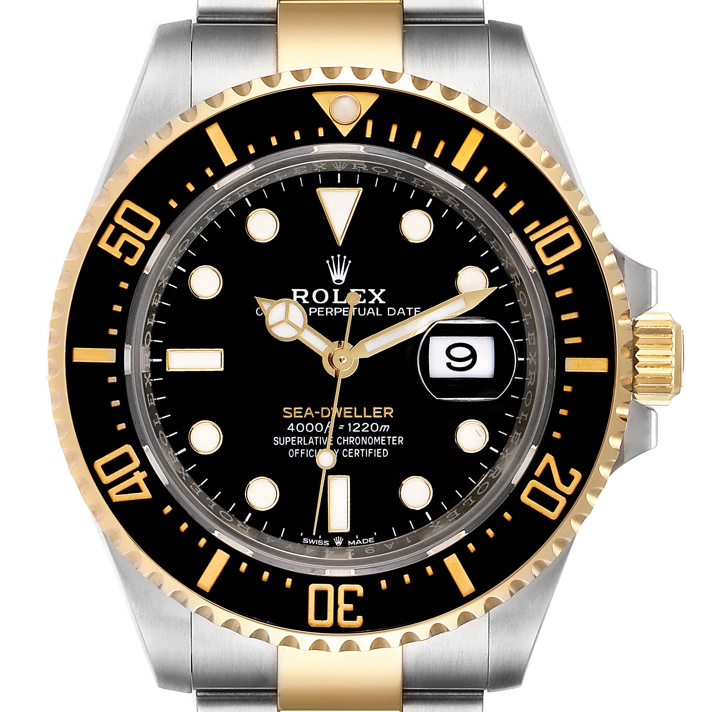 The image shows a front view of a Rolex Sea-Dweller 126603 Men's Steel and Gold (two tone) Black Dial 126603 Men's Steel and Gold (two tone) Black Dial watch, highlighting its black dial, date window, and two-tone bezel and bracelet.