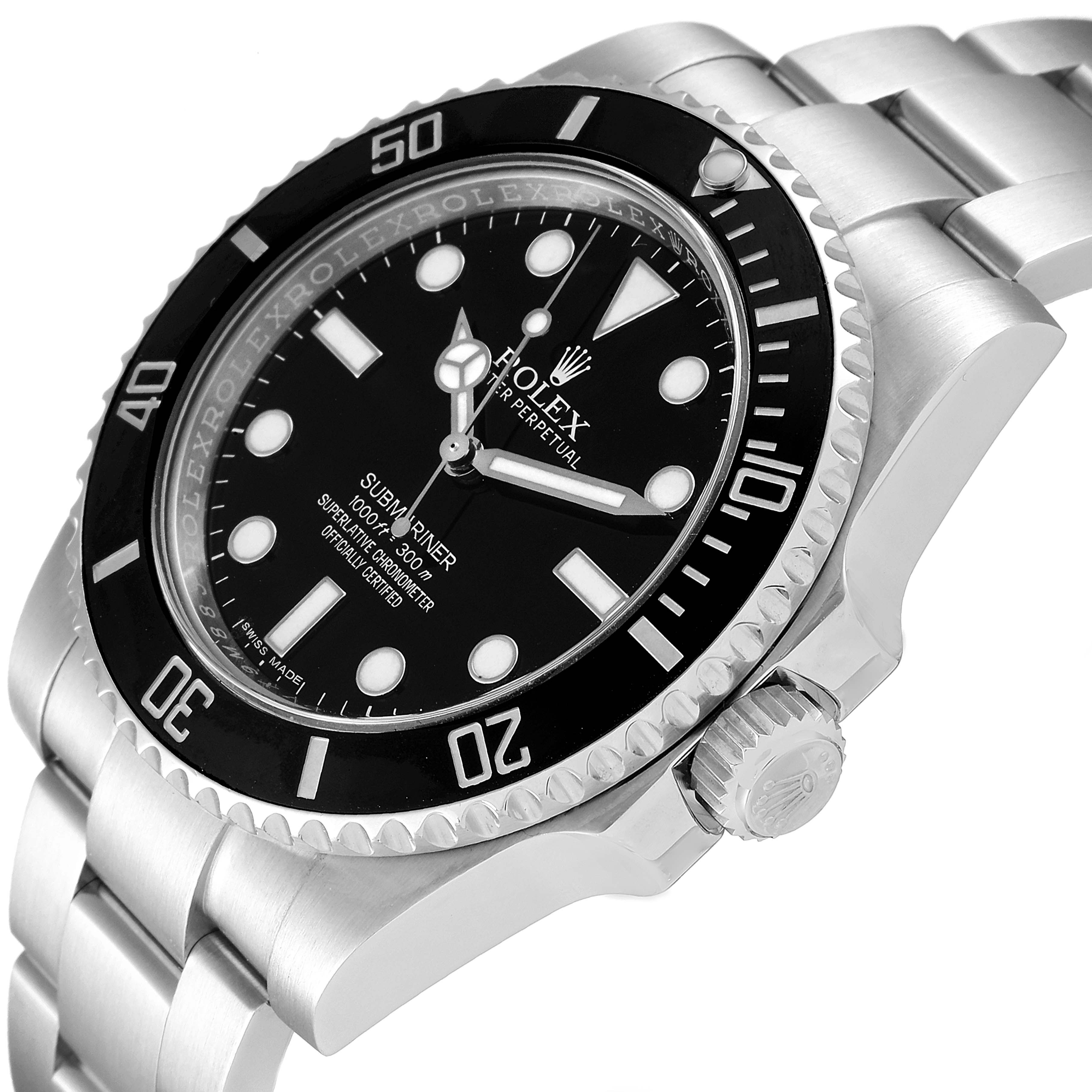 The image shows a close-up angle of the Rolex Submariner 114060 Men
s Stainless Steel Black Dial 114060 Men
s Stainless Steel Black Dial, highlighting the dial, bezel, crown, and part of the bracelet.