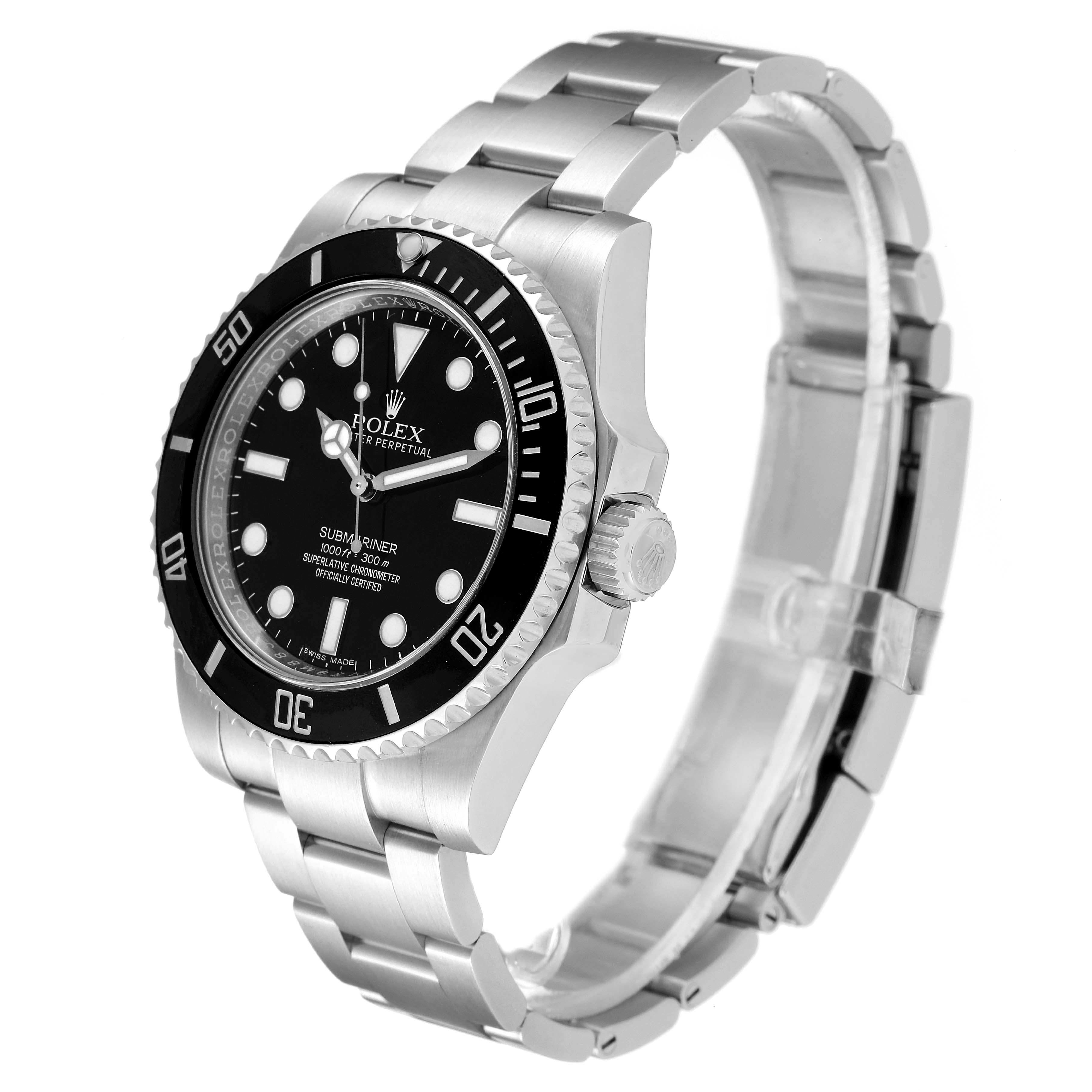 The Rolex Submariner 114060 Men
s Stainless Steel Black Dial 114060 Men
s Stainless Steel Black Dial watch is shown at a slight angle, displaying its face, bezel, crown, and metal bracelet.