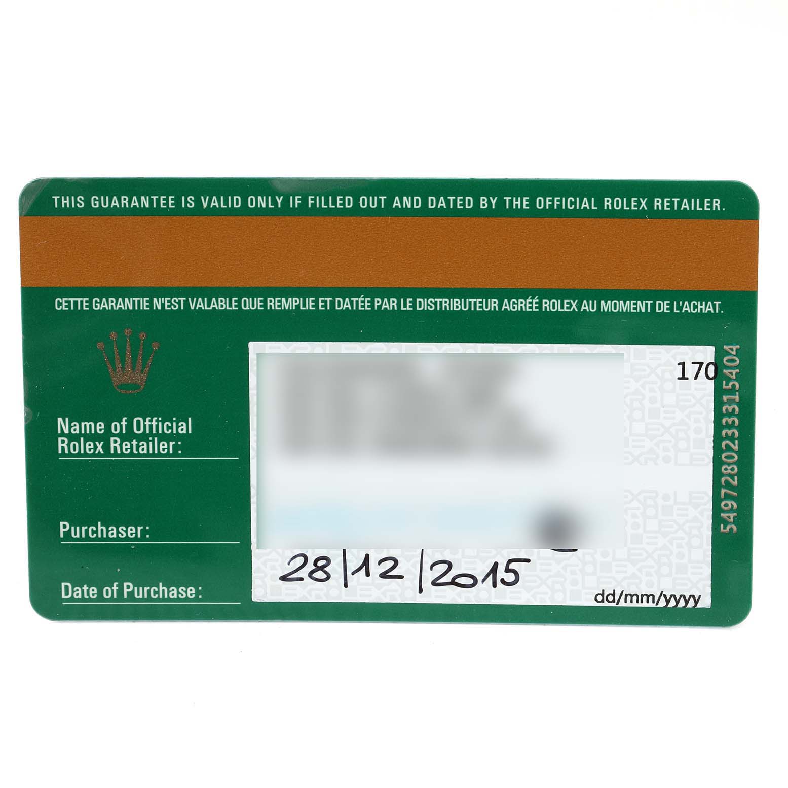 The image shows a guarantee card for the Rolex Submariner 114060 Men
s Stainless Steel Black Dial 114060 Men
s Stainless Steel Black Dial model.