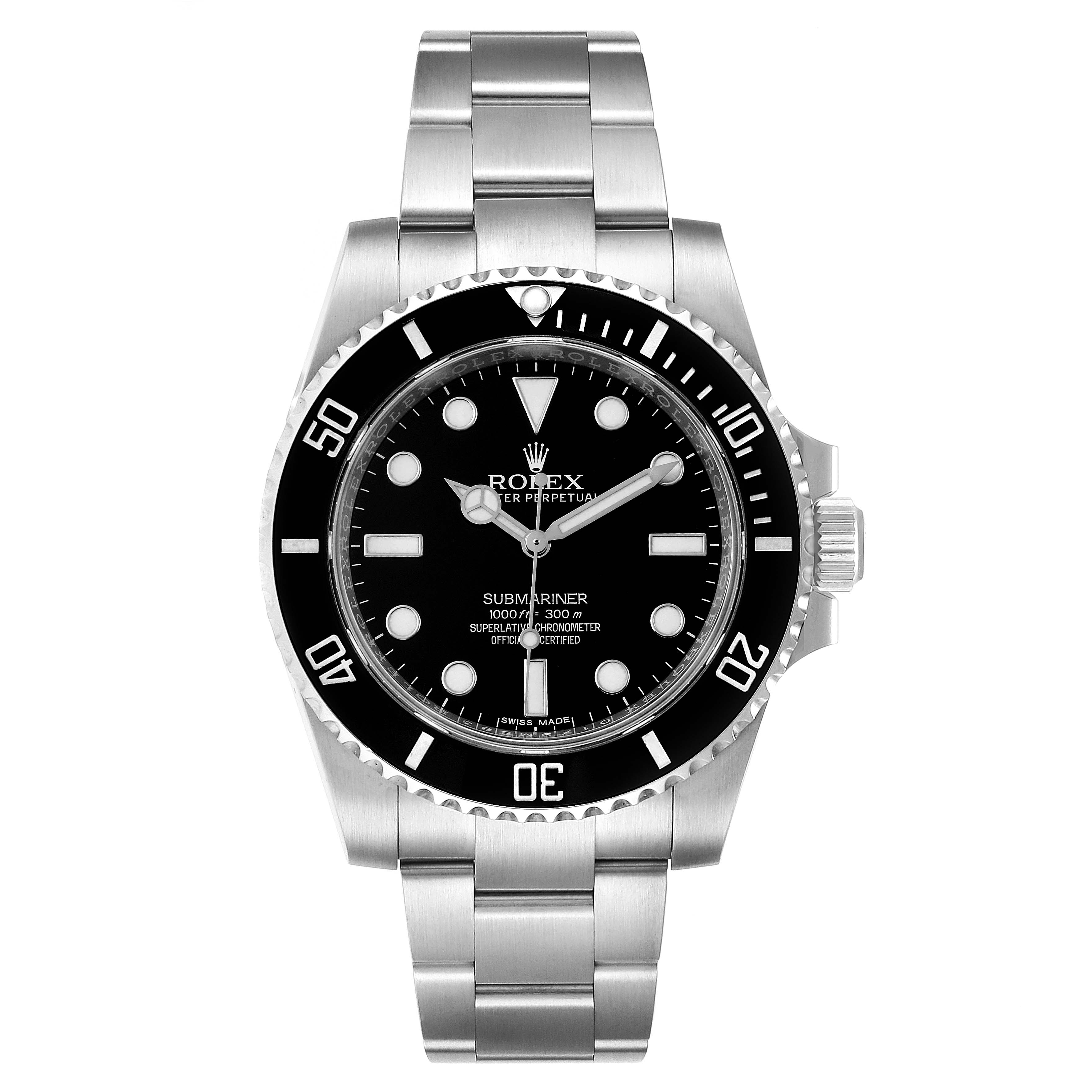 This image shows a front view of the Rolex Submariner 114060 Men
s Stainless Steel Black Dial 114060 Men
s Stainless Steel Black Dial watch, displaying the dial, bezel, and bracelet.