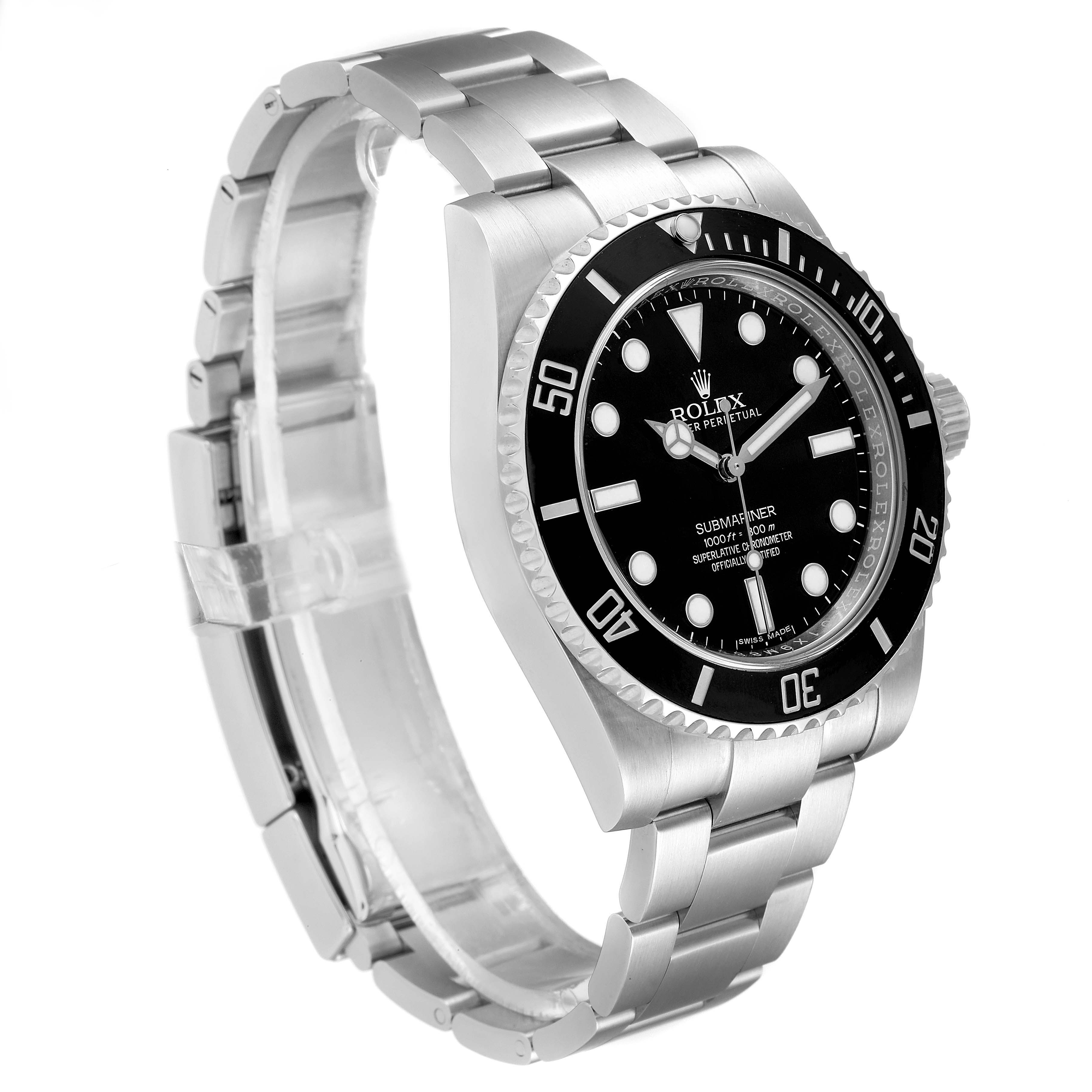 The image shows a side angle of the Rolex Submariner 114060 Men
s Stainless Steel Black Dial 114060 Men
s Stainless Steel Black Dial, highlighting its bracelet and black bezel.