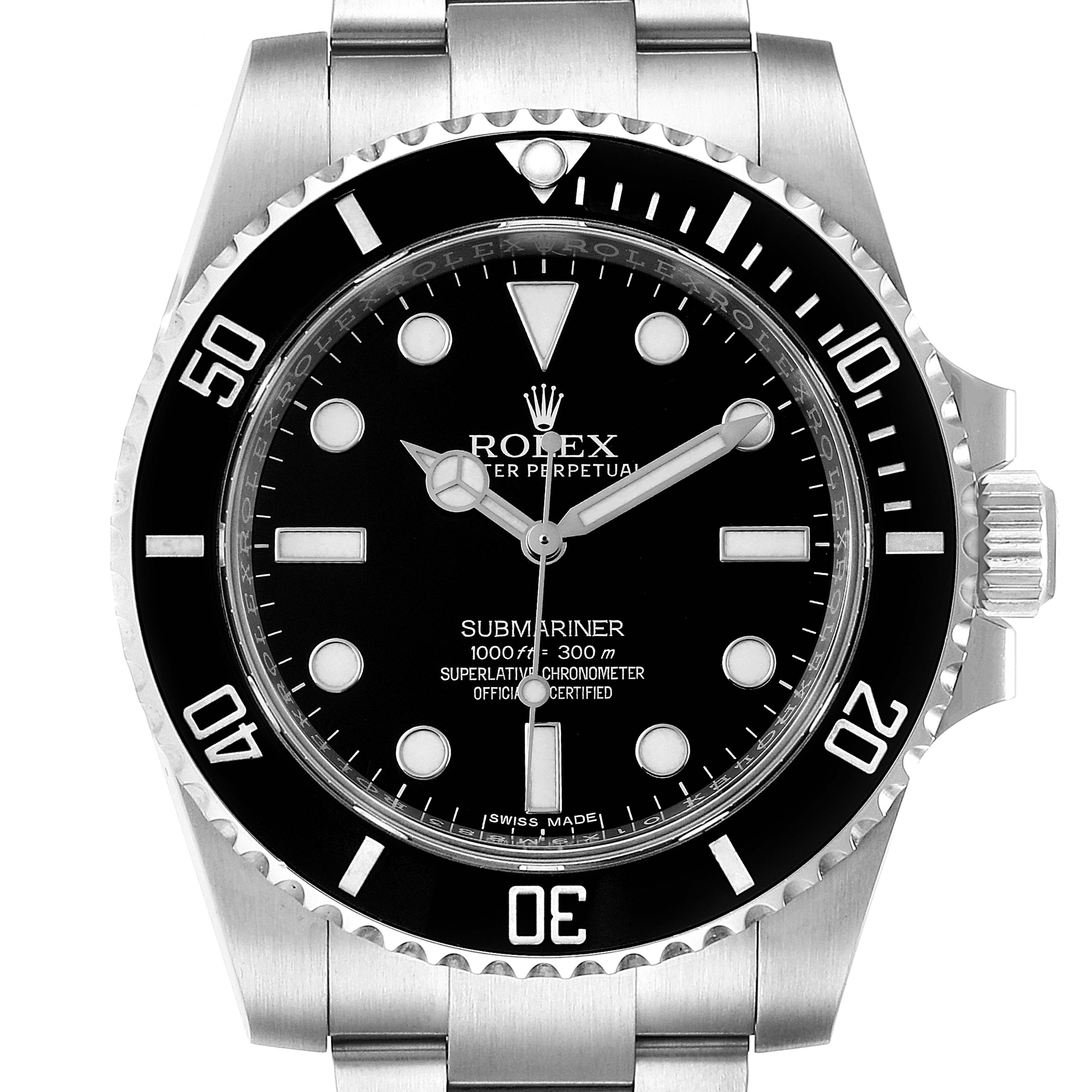 This image shows a front view of a Rolex Submariner 114060 Men
s Stainless Steel Black Dial 114060 Men
s Stainless Steel Black Dial watch, featuring its dial, bezel, and part of the bracelet.