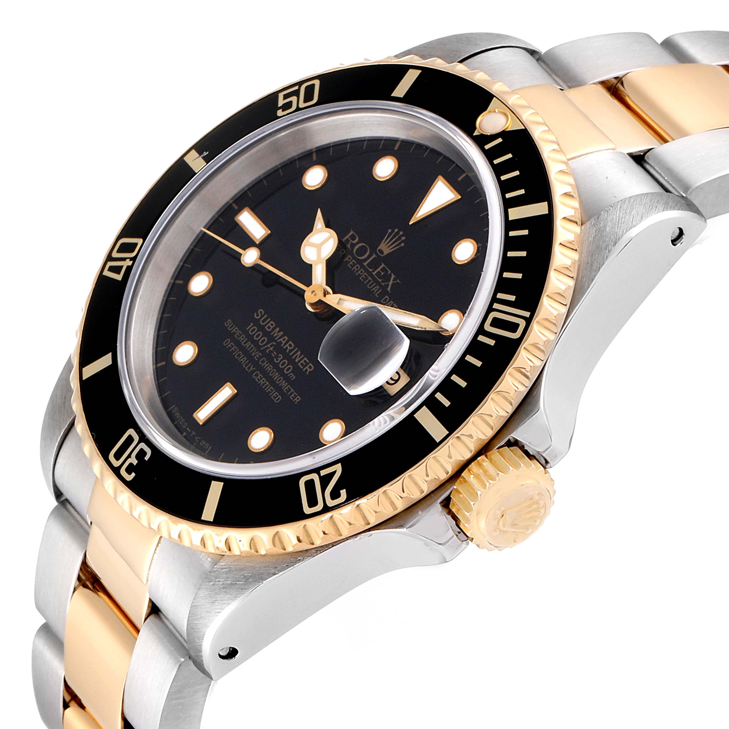The Rolex Submariner 16613 Men
s Steel and Gold (two tone) Black Dial 16613 Men
s Steel and Gold (two tone) Black Dial watch is shown from a side angle highlighting the watch face, bezel, crown, and part of the bracelet.