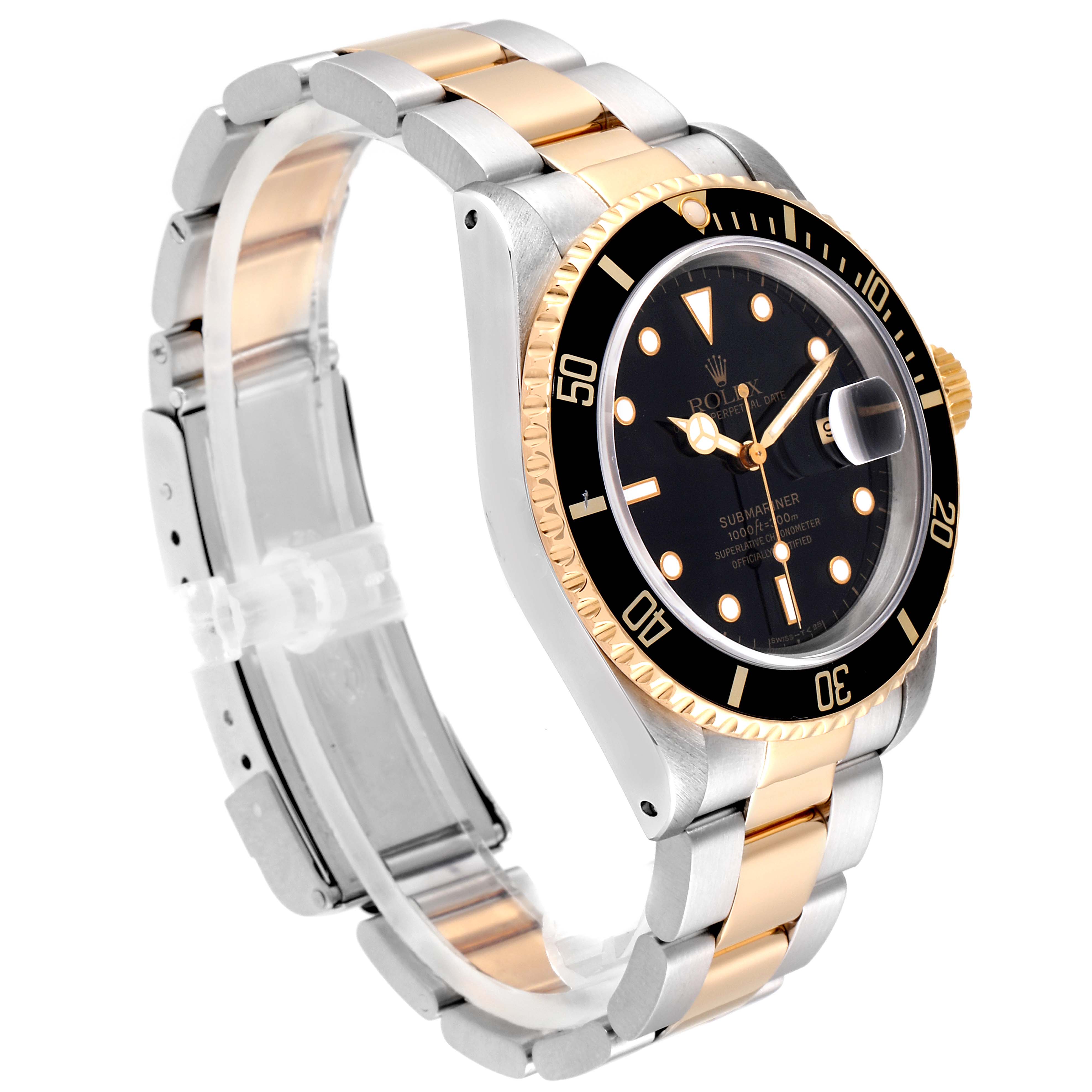 This image shows a Rolex Submariner 16613 Men
s Steel and Gold (two tone) Black Dial 16613 Men
s Steel and Gold (two tone) Black Dial watch at a three-quarter angle, highlighting its black bezel, dial, and two-tone bracelet.