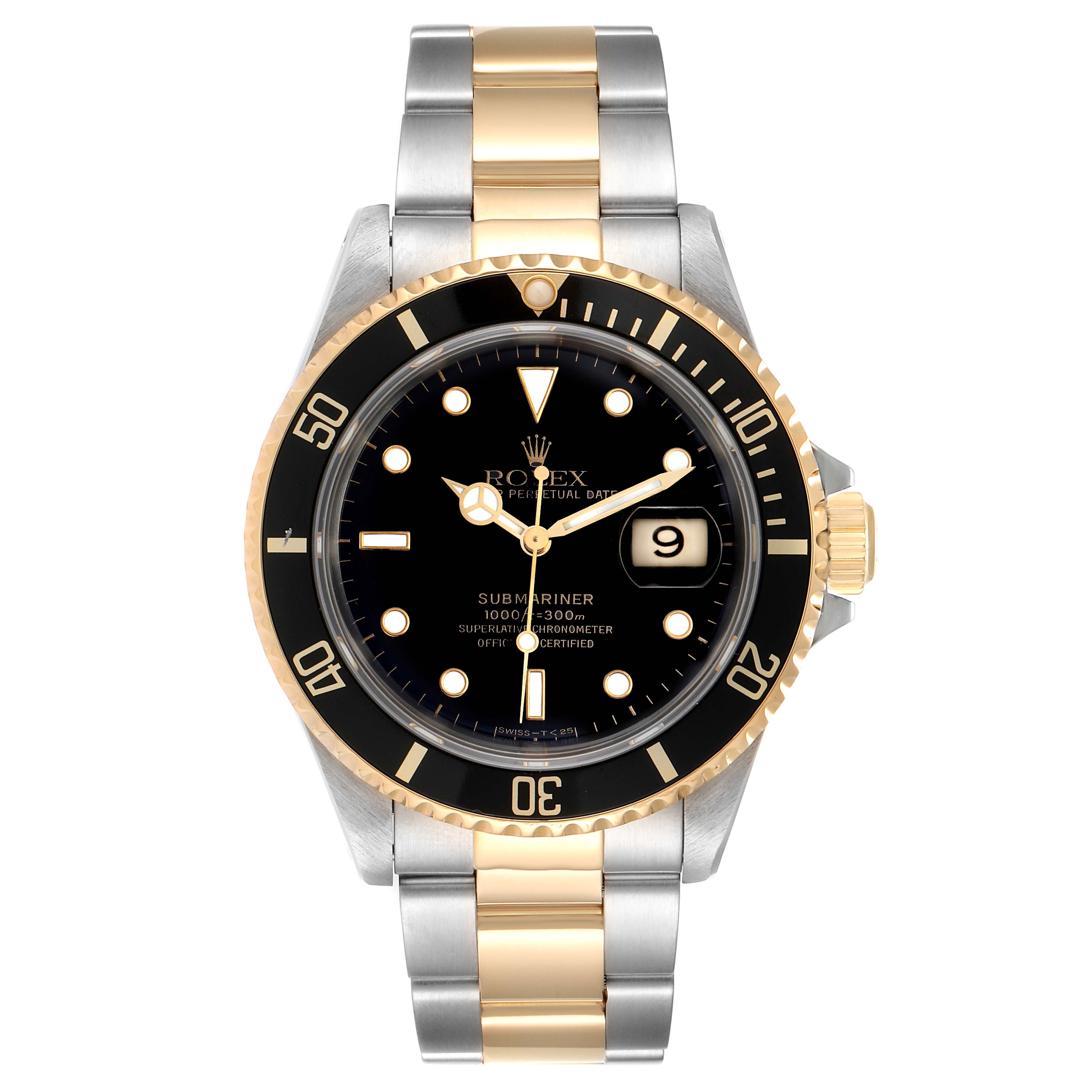 The image shows a frontal view of a Rolex Submariner 16613 Men
s Steel and Gold (two tone) Black Dial 16613 Men
s Steel and Gold (two tone) Black Dial watch, displaying its black dial, bezel, and two-tone metal bracelet.
