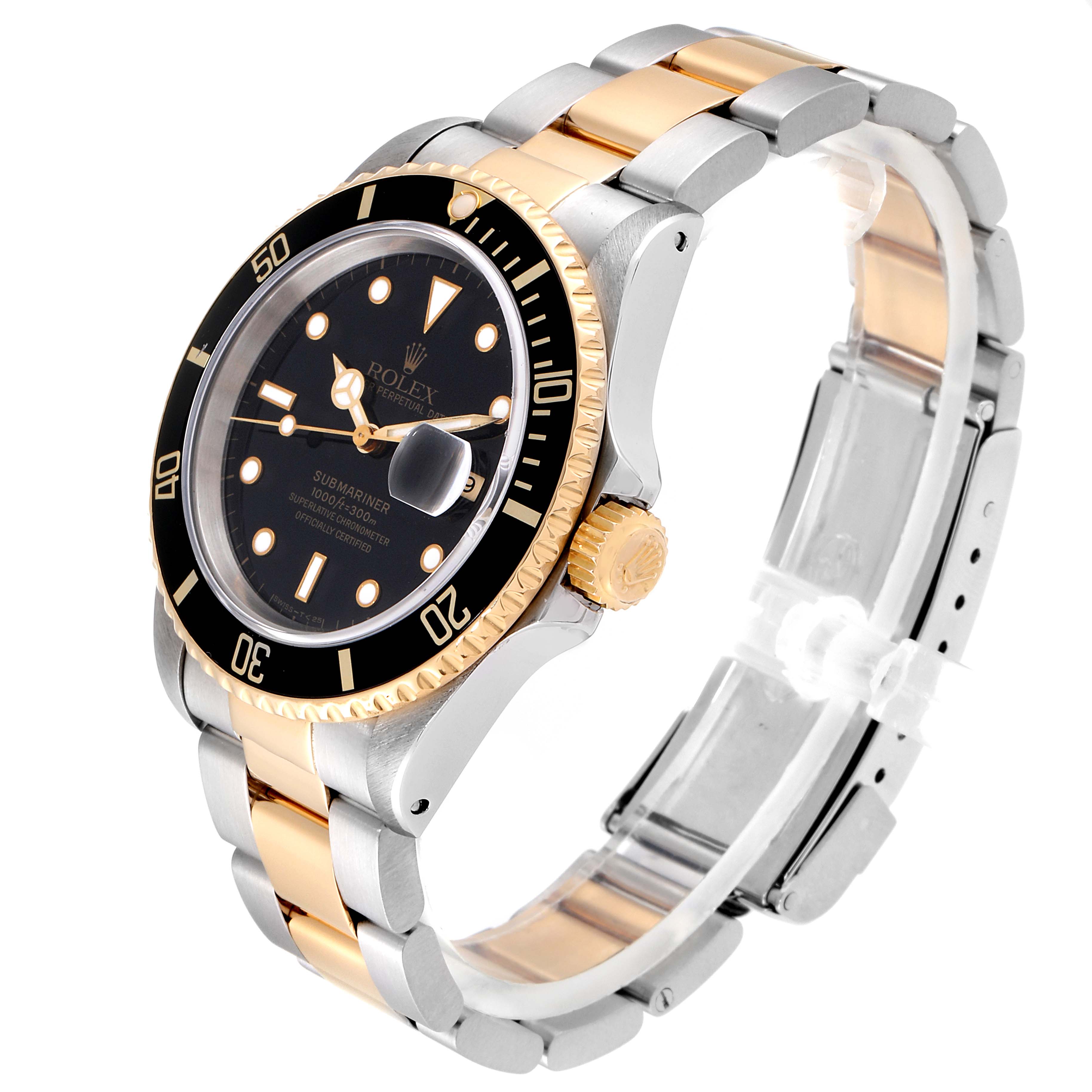 The Rolex Submariner 16613 Men
s Steel and Gold (two tone) Black Dial 16613 Men
s Steel and Gold (two tone) Black Dial watch is shown at a three-quarter angle displaying its black dial, bezel, crown, and two-tone bracelet.
