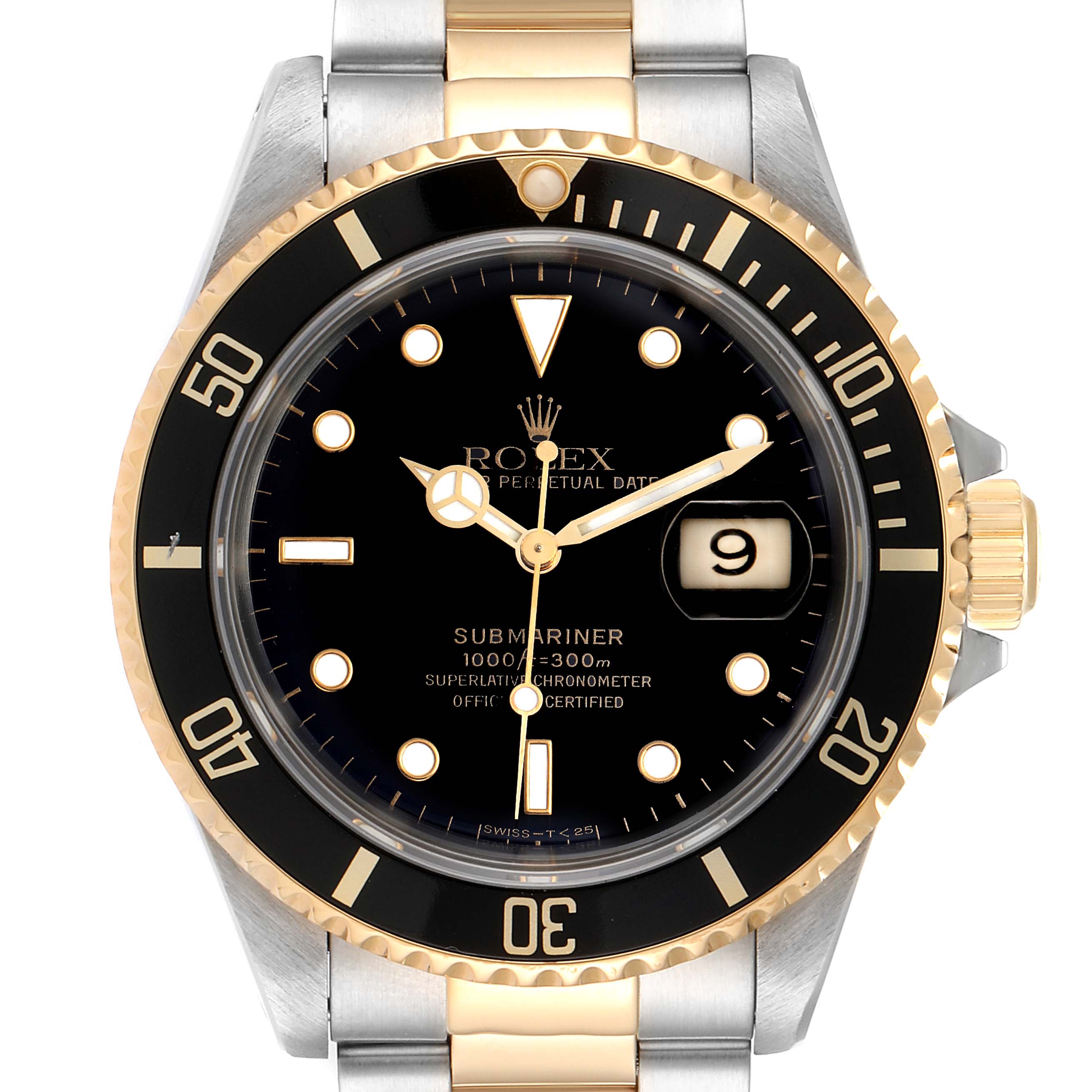 This image shows a front view of a Rolex Submariner 16613 Men
s Steel and Gold (two tone) Black Dial 16613 Men
s Steel and Gold (two tone) Black Dial watch, highlighting the black dial, gold and black bezel, and two-tone bracelet.