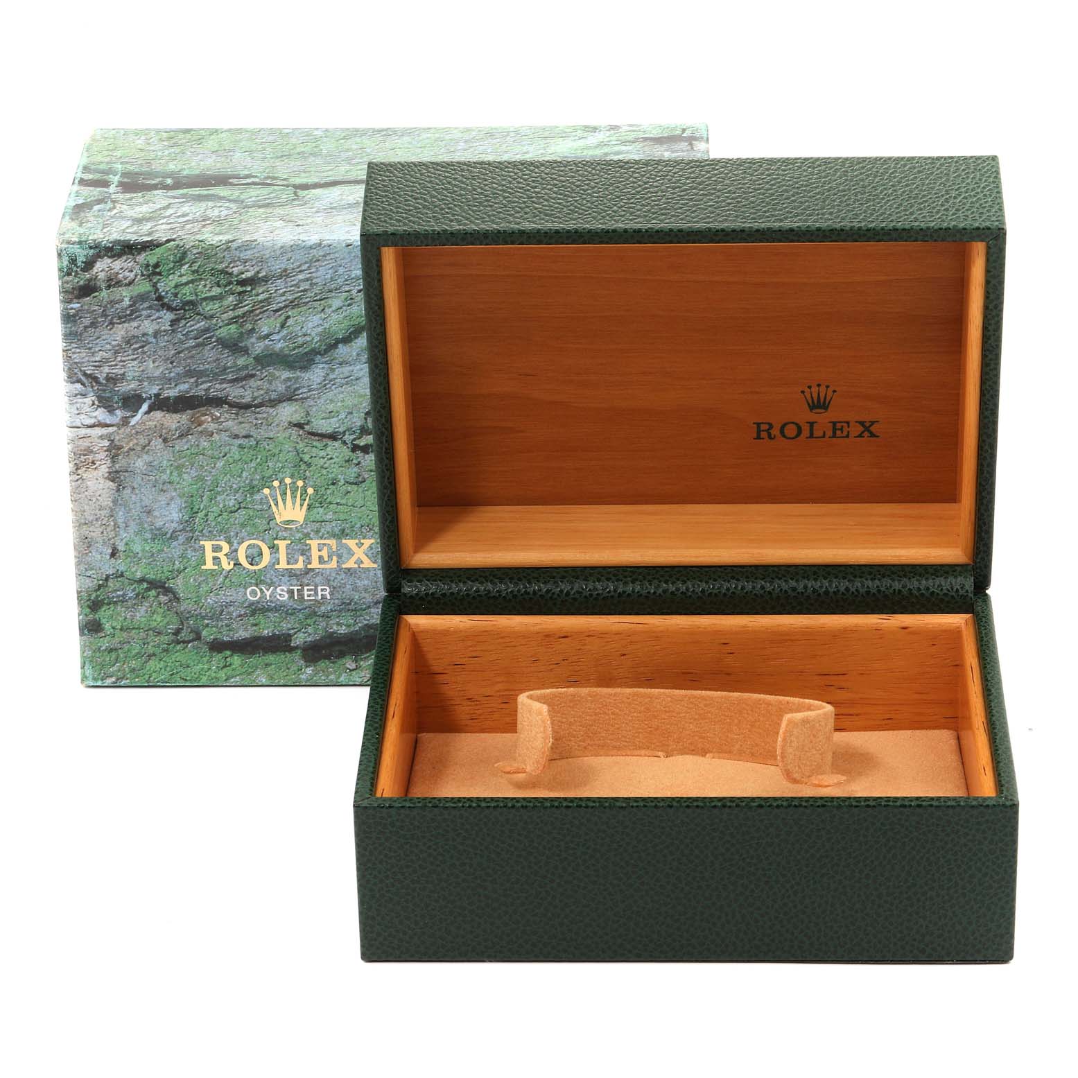 The image shows the open box and outer packaging of the Rolex Submariner 16613 Men
s Steel and Gold (two tone) Black Dial 16613 Men
s Steel and Gold (two tone) Black Dial, with the interior lined in wood and green leather exterior.