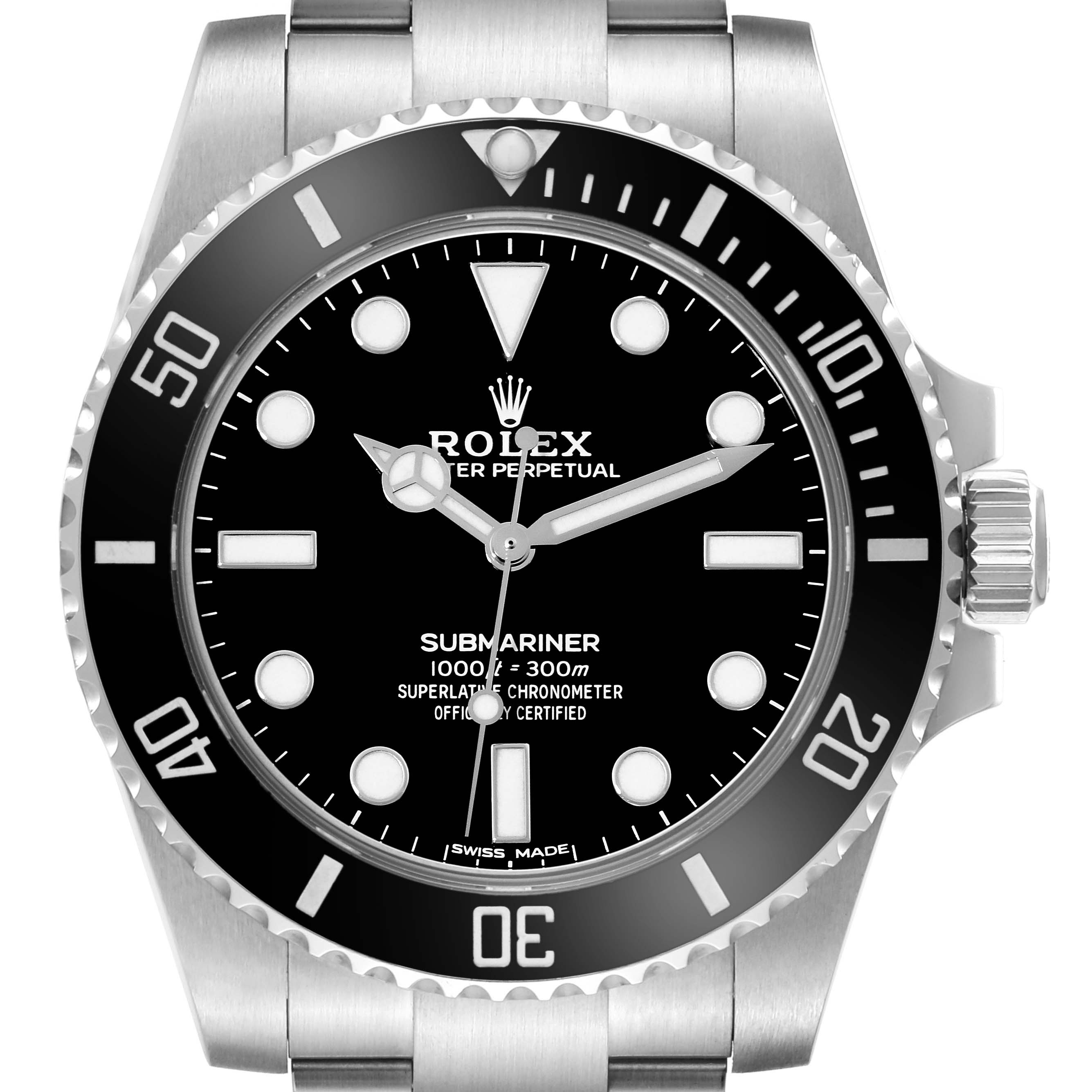 The image shows a front view of a Rolex Submariner 114060 Men
s Stainless Steel Black Dial 114060 Men
s Stainless Steel Black Dial watch, highlighting its dial, bezel, and crown.