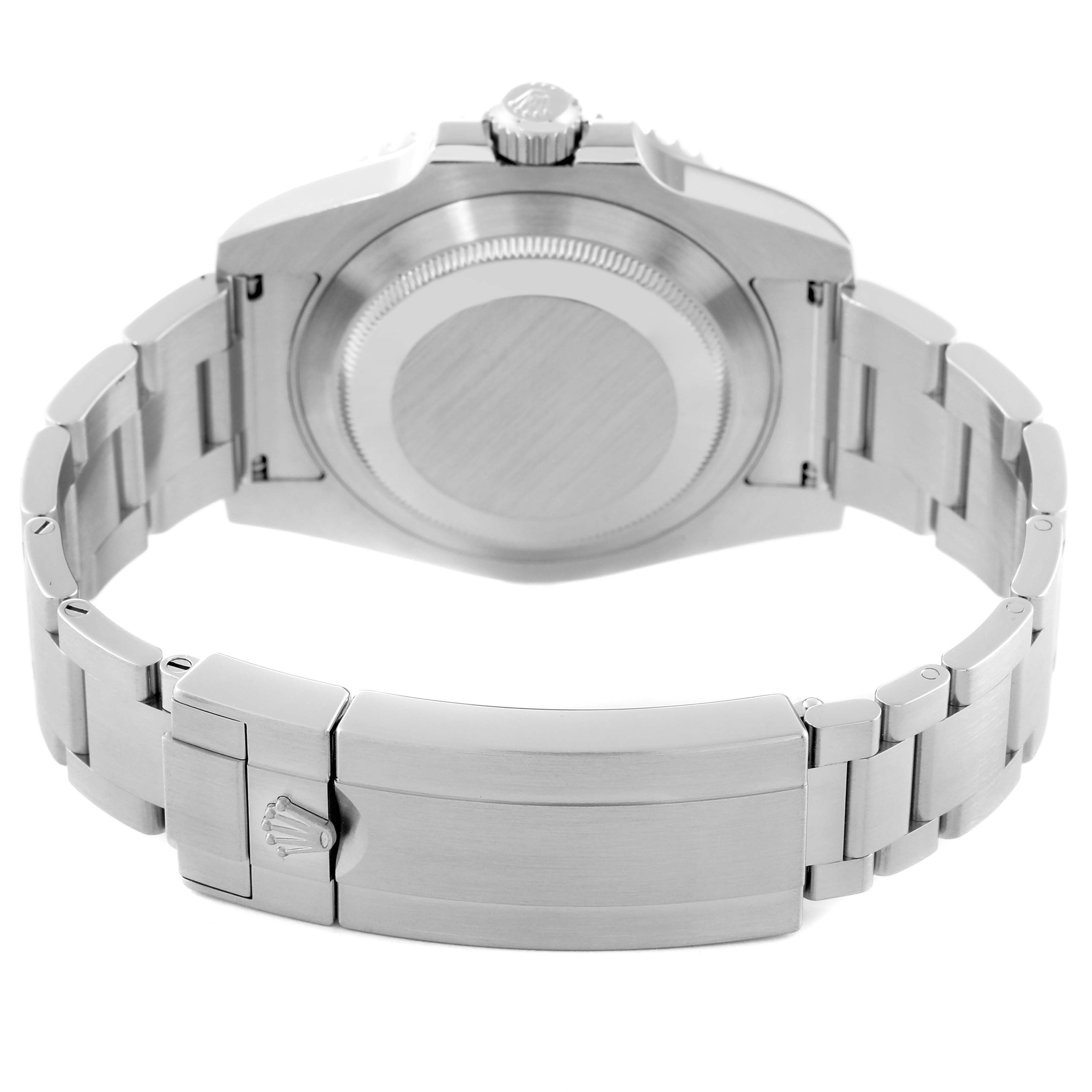 The image shows the back view of a Rolex Submariner 114060 Men
s Stainless Steel Black Dial 114060 Men
s Stainless Steel Black Dial watch, highlighting the case back and bracelet with clasp.