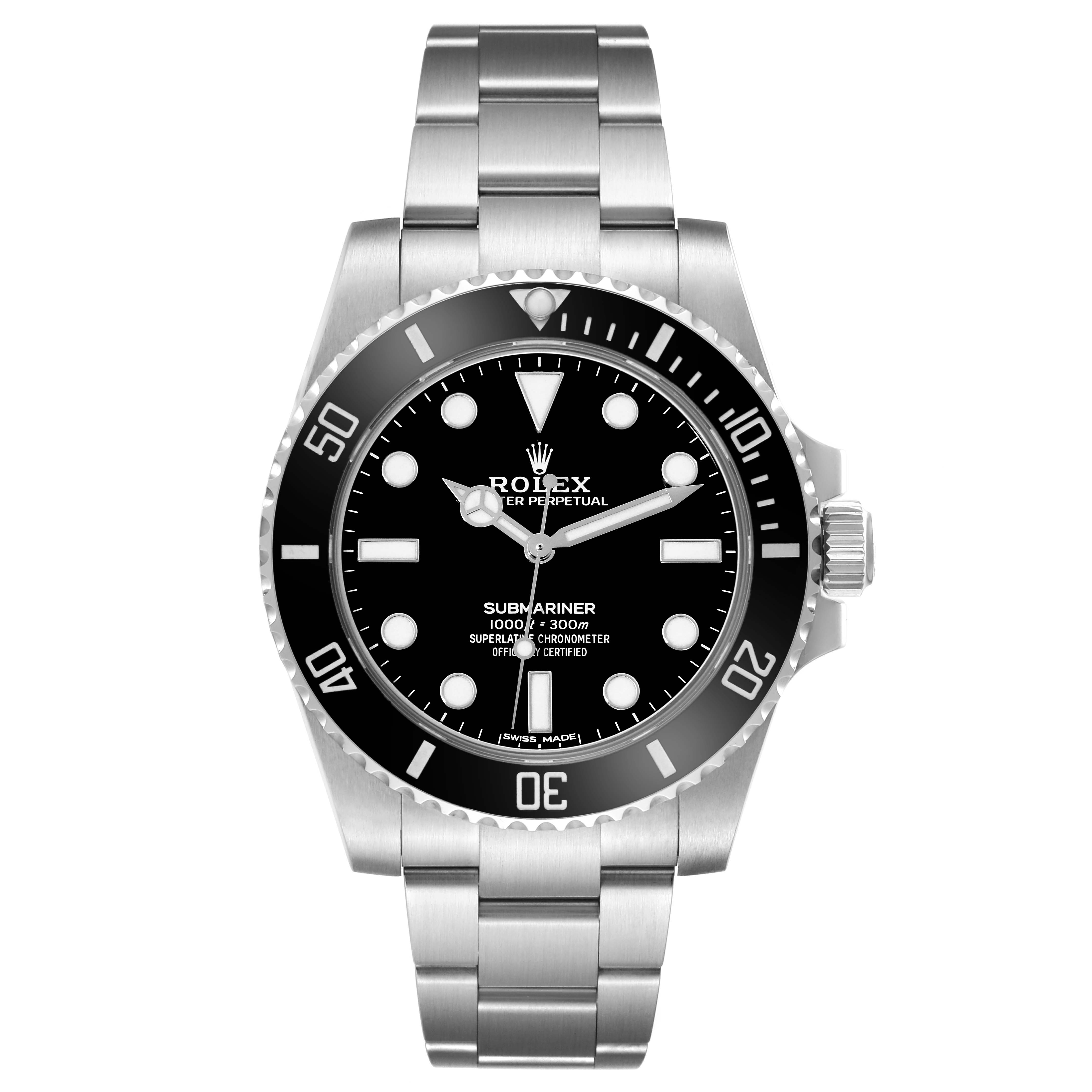 This image shows a front view of a Rolex Submariner 114060 Men
s Stainless Steel Black Dial 114060 Men
s Stainless Steel Black Dial watch, highlighting the dial, bezel, crown, and bracelet.