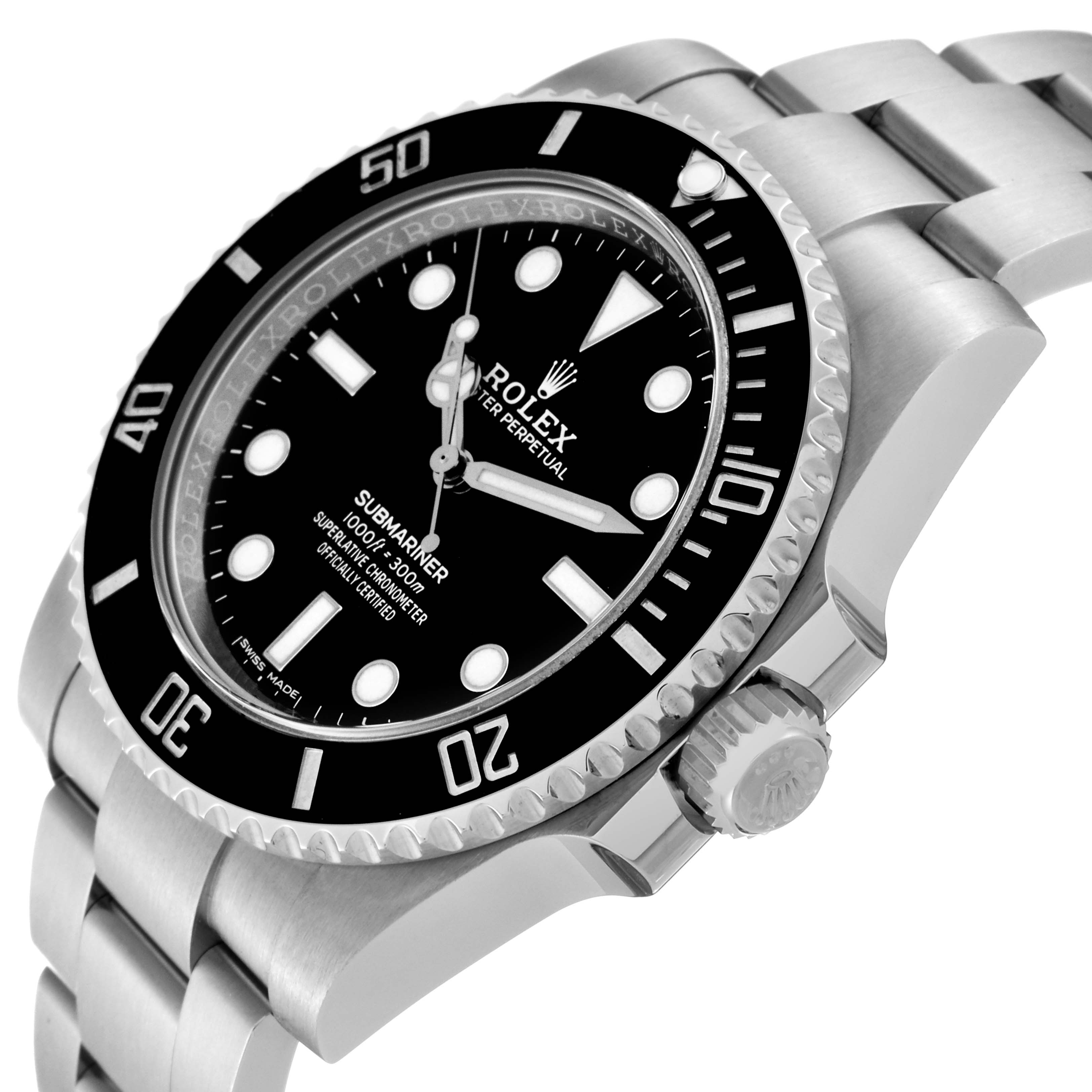 The image shows a side and front angle of the Rolex Submariner 114060 Men
s Stainless Steel Black Dial 114060 Men
s Stainless Steel Black Dial watch, highlighting the bezel, dial, crown, and part of the bracelet.