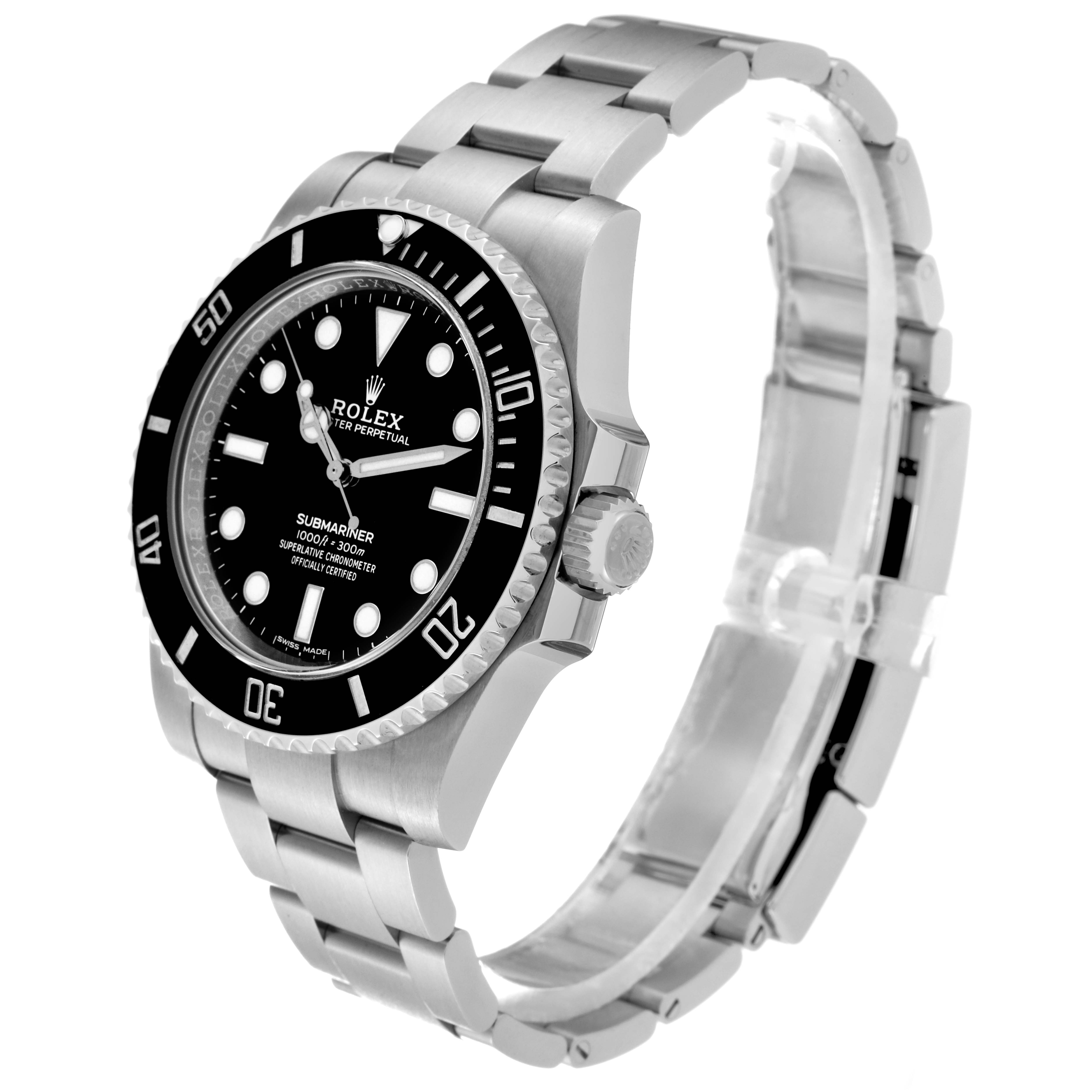The Rolex Submariner 114060 Men
s Stainless Steel Black Dial 114060 Men
s Stainless Steel Black Dial watch is shown at an angled side view, highlighting the bezel, dial, crown, and bracelet.