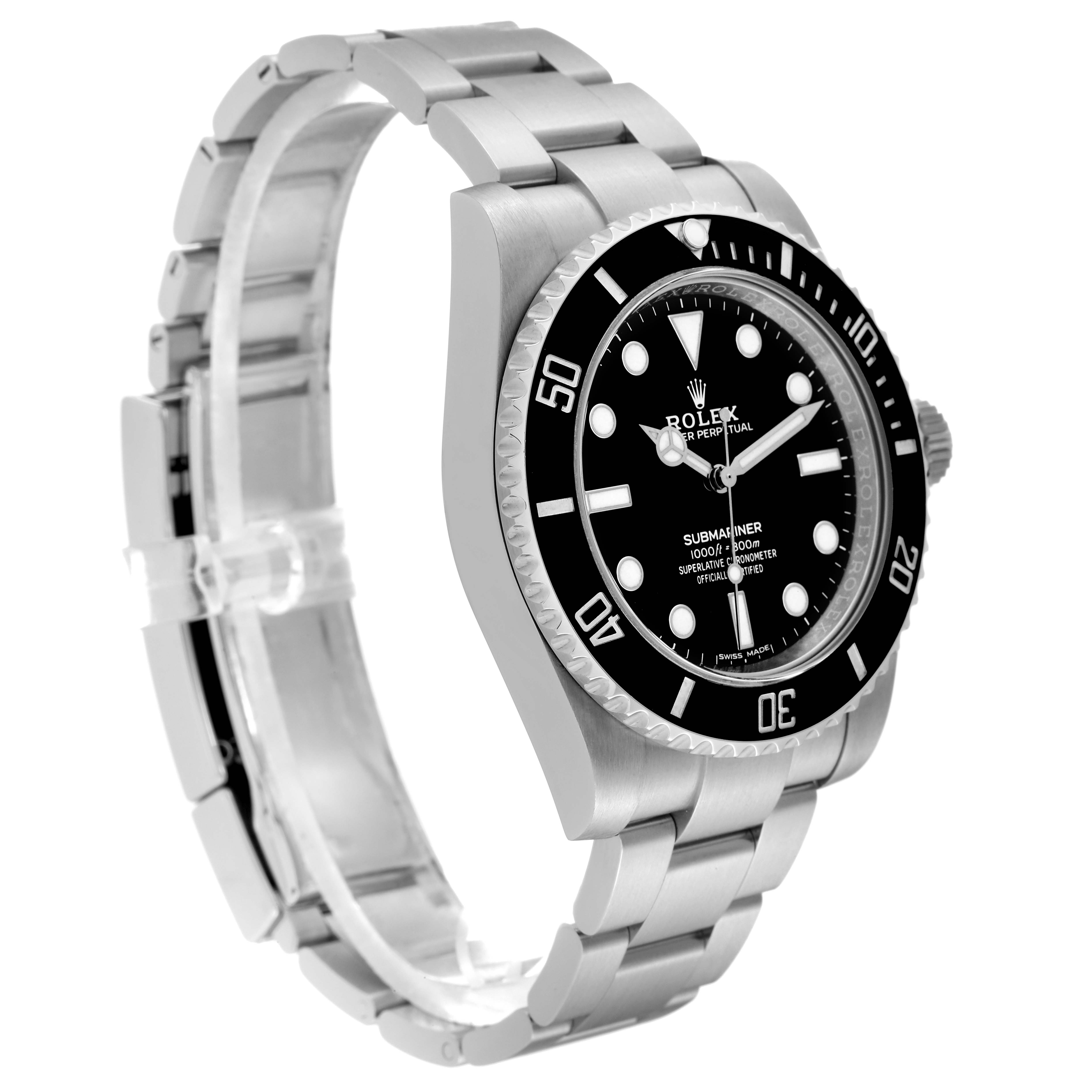 This image shows a side and front angle of a Rolex Submariner 114060 Men
s Stainless Steel Black Dial 114060 Men
s Stainless Steel Black Dial watch, displaying its dial, bezel, and bracelet.