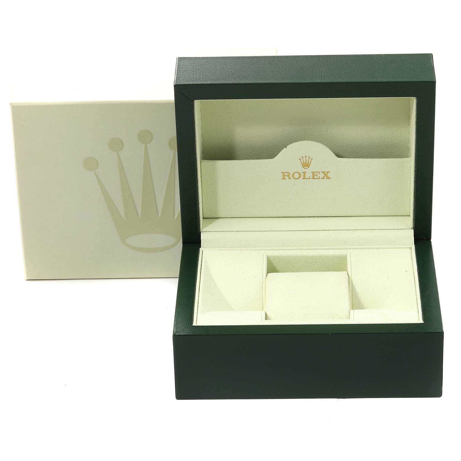 This image shows an open Rolex Submariner 114060 Men
s Stainless Steel Black Dial 114060 Men
s Stainless Steel Black Dial watch box and its inner compartments viewed from the front.