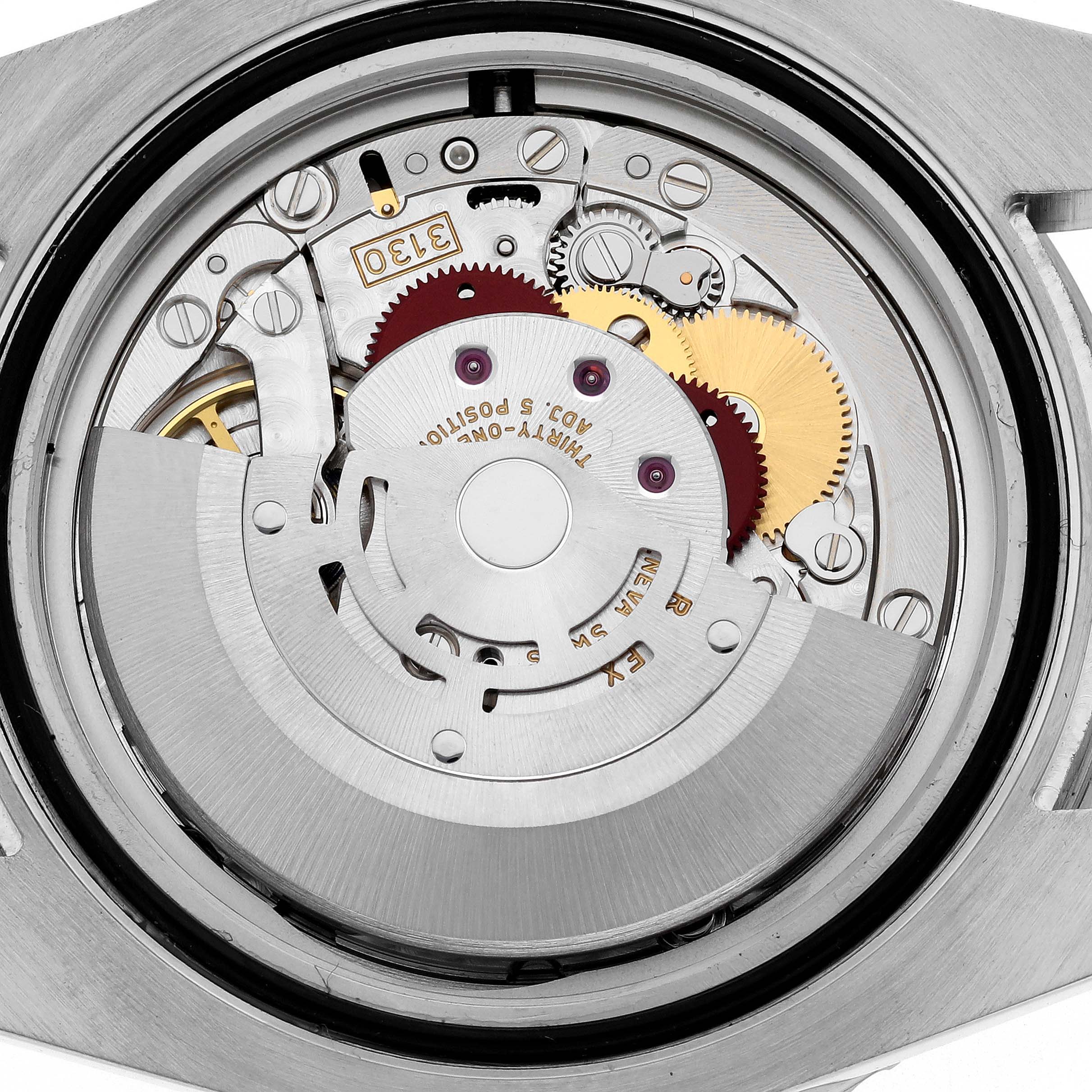 The image shows the internal mechanical movement of the Rolex Submariner 114060 Men
s Stainless Steel Black Dial 114060 Men
s Stainless Steel Black Dial watch from the back, highlighting gears and components.