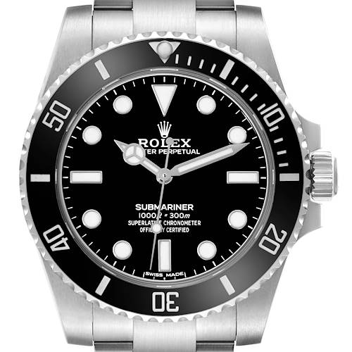 This is a close-up frontal view of a Rolex Submariner watch, showing the face, bezel, crown, and part of the bracelet.