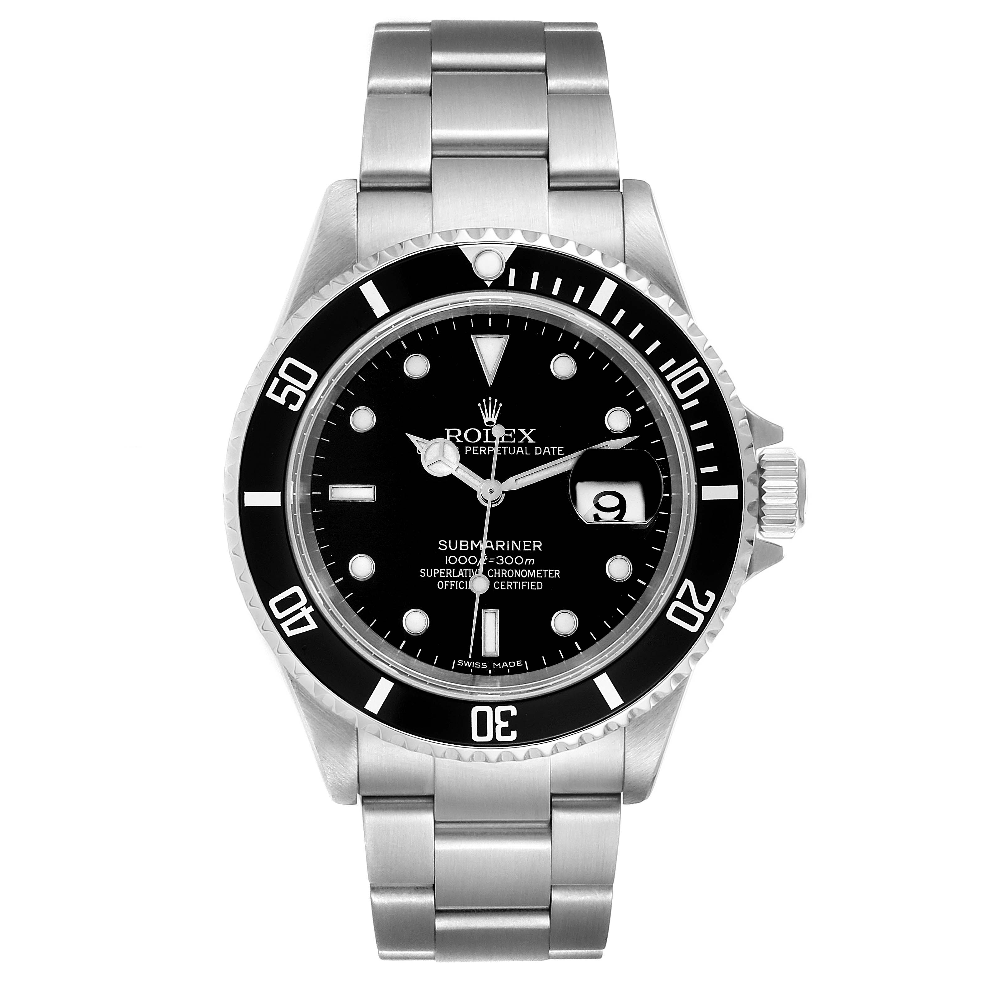 The image shows a frontal view of the Rolex Submariner 16610 Men
s Stainless Steel Black Dial 16610 Men
s Stainless Steel Black Dial, featuring its dial, bezel, and bracelet.